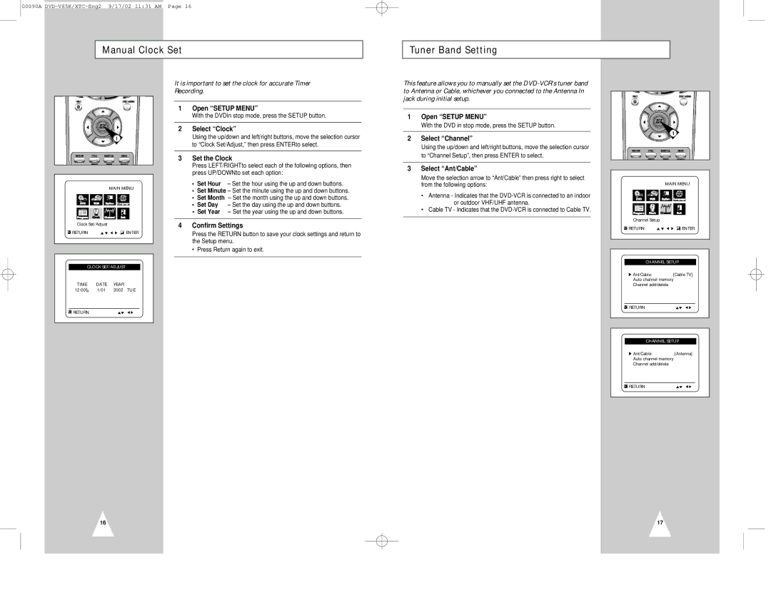 Samsung DVD-V85K instruction manual Manual Clock Set Tuner Band Setting 