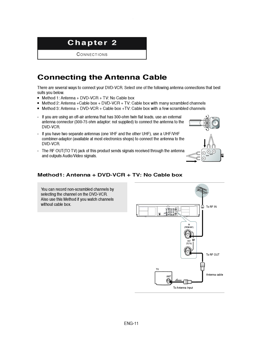 Samsung DVD-V8600 instruction manual Connecting the Antenna Cable, Method1 Antenna + DVD-VCR + TV No Cable box, ENG-11 