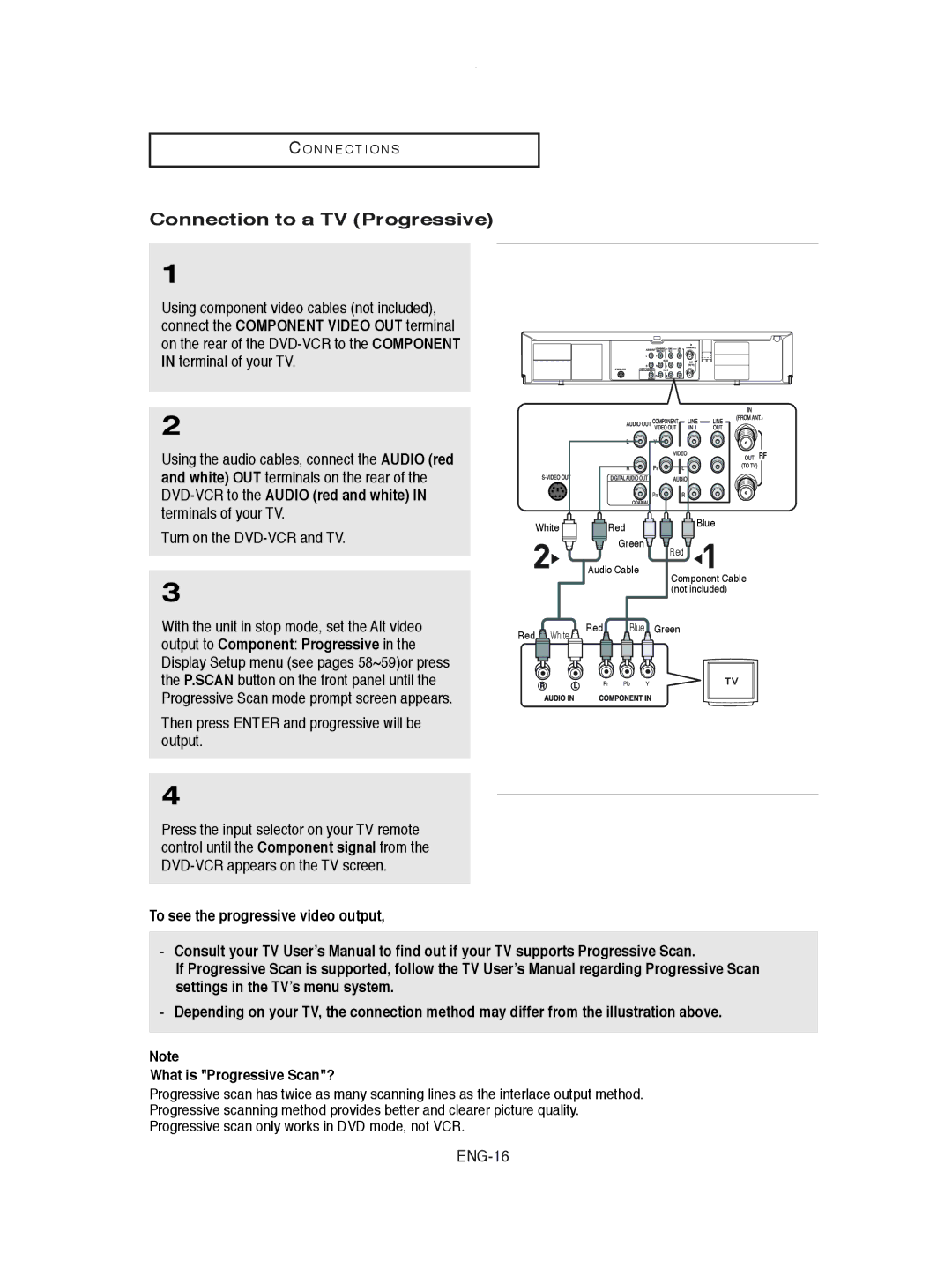 Samsung DVD-V8600 Connection to a TV Progressive, Then press Enter and progressive will be output, ENG-16 