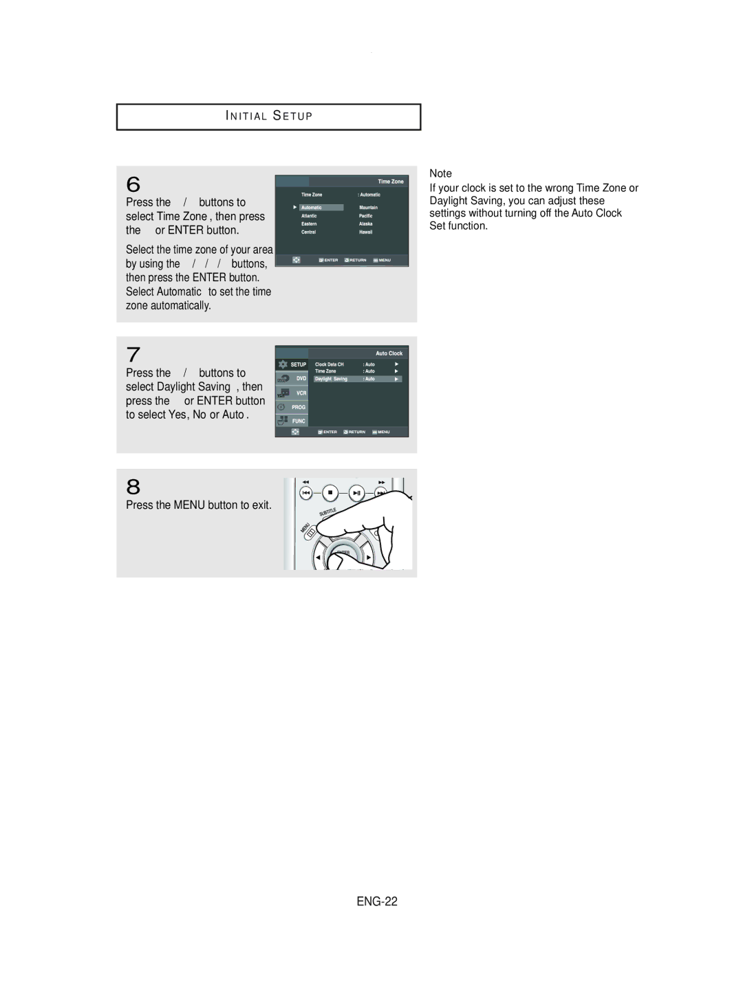 Samsung DVD-V8600 Select the time zone of your area, Select Automatic to set the time zone automatically, ENG-22 