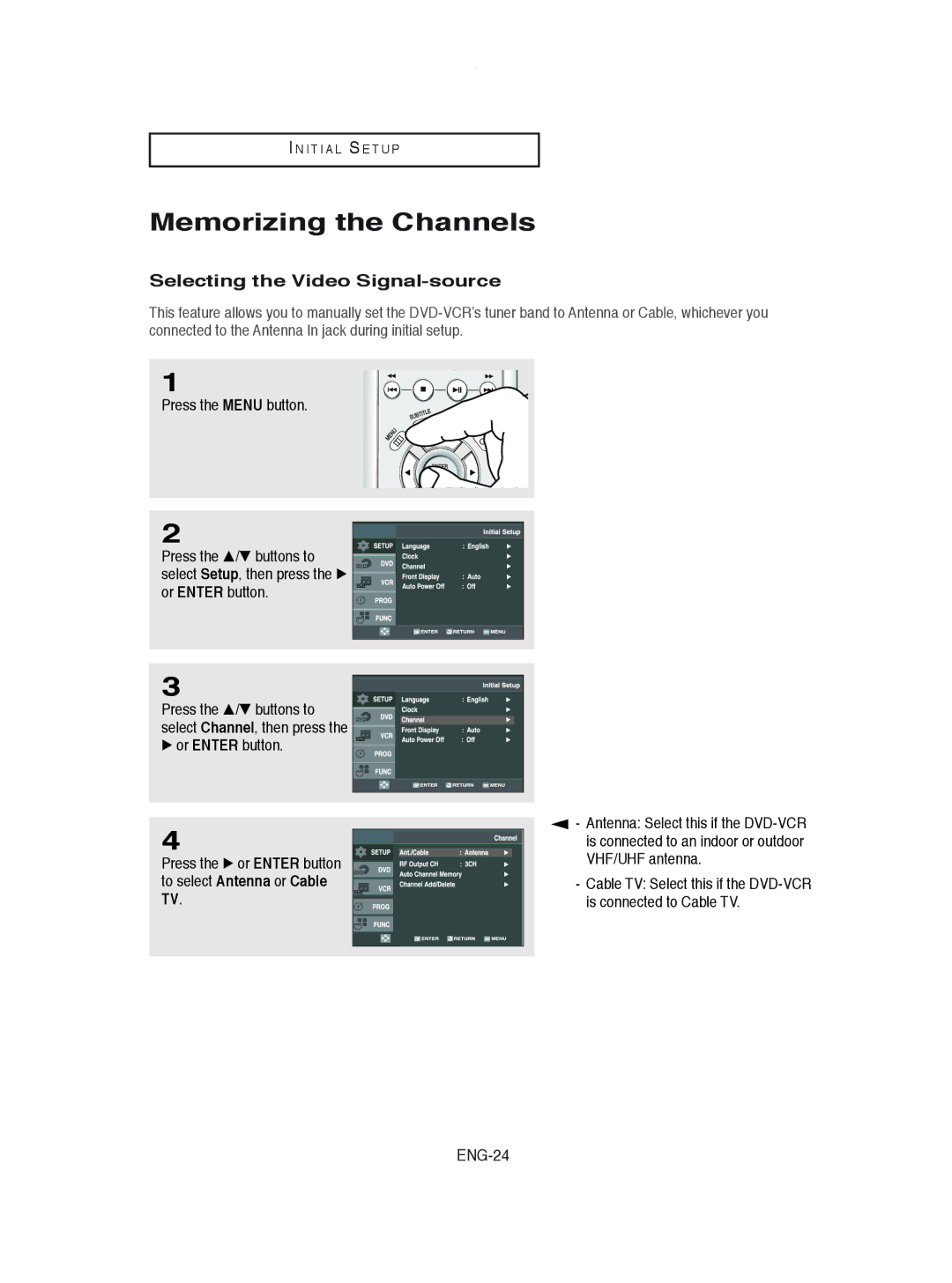 Samsung DVD-V8600 instruction manual Memorizing the Channels, Selecting the Video Signal-source, ENG-24 