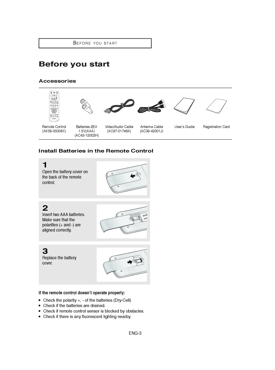 Samsung DVD-V8600 instruction manual Before you start, Accessories, Install Batteries in the Remote Control 