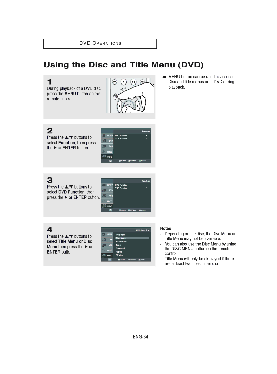 Samsung DVD-V8600 instruction manual Using the Disc and Title Menu DVD, ENG-34 