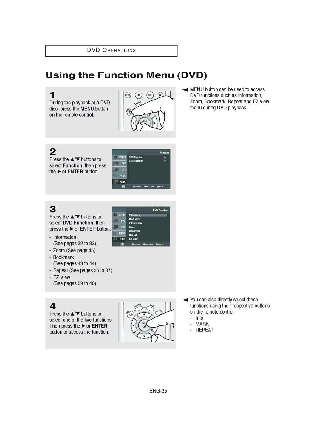 Samsung DVD-V8600 instruction manual Using the Function Menu DVD, ENG-35 