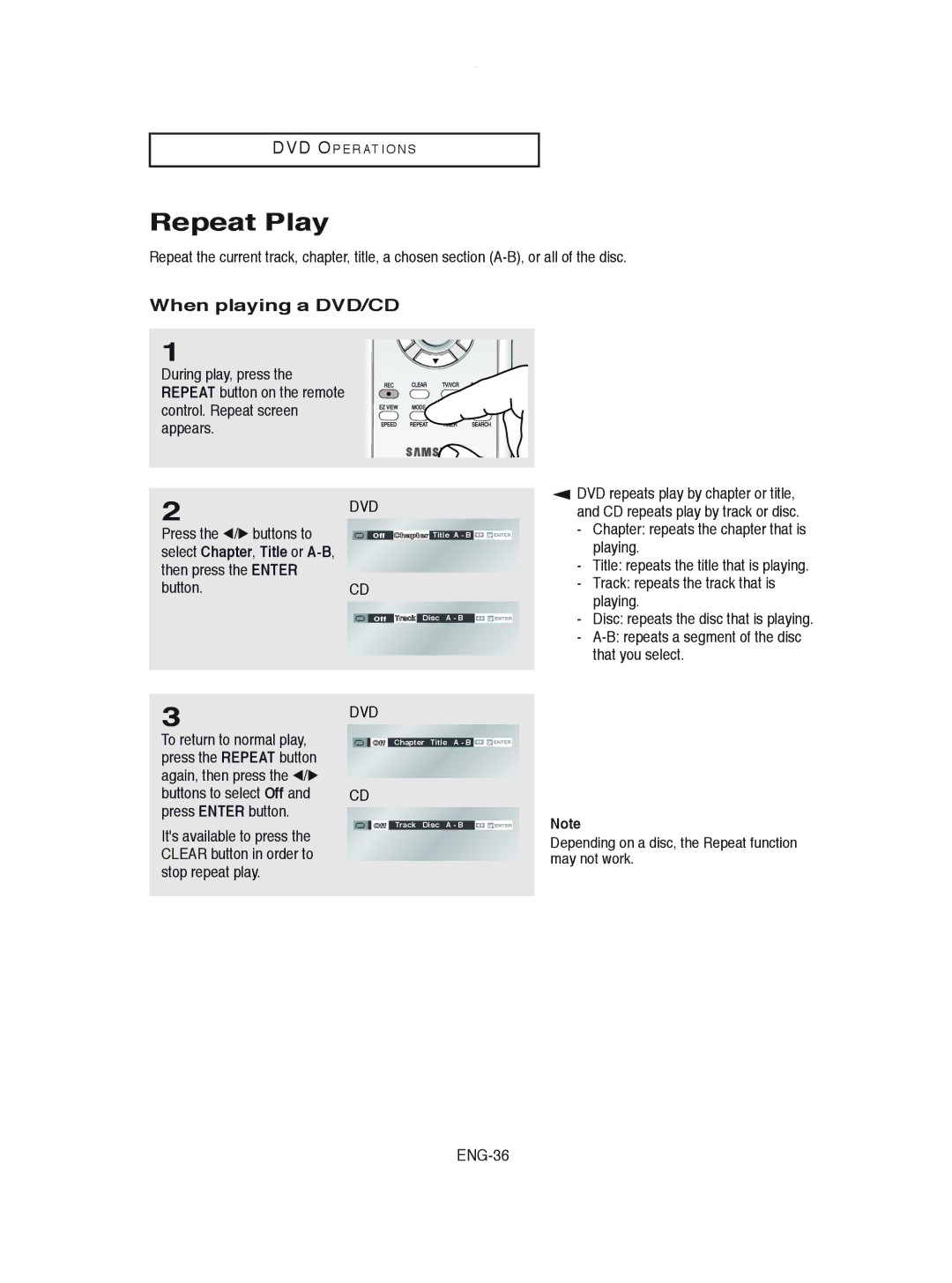 Samsung DVD-V8600 instruction manual Repeat Play, Press the œ/√ buttons to, Then press the Enter Button, ENG-36 