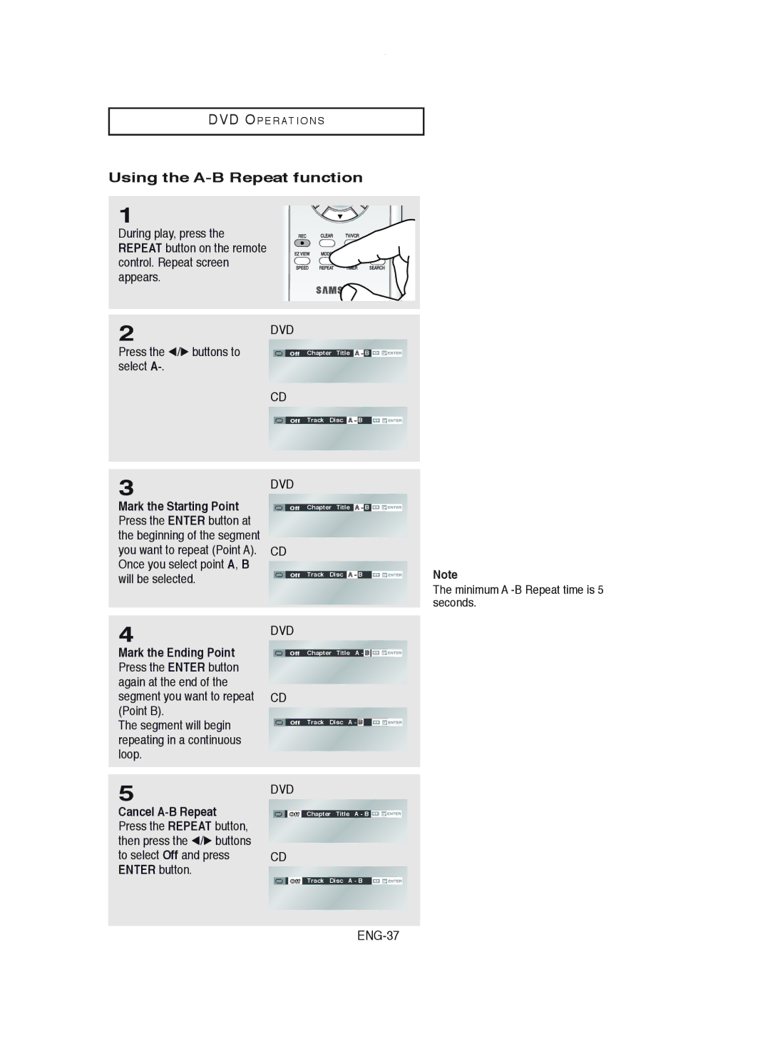 Samsung DVD-V8600 Using the A-B Repeat function, Select a, Segment will begin repeating in a continuous loop, ENG-37 
