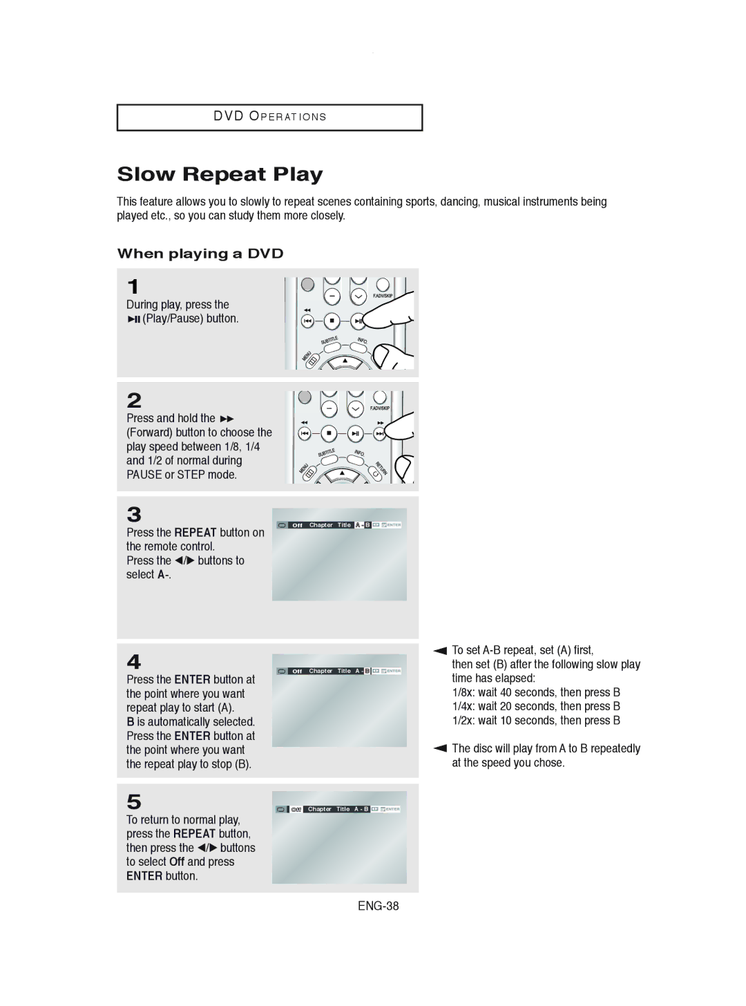 Samsung DVD-V8600 instruction manual Slow Repeat Play, When playing a DVD 