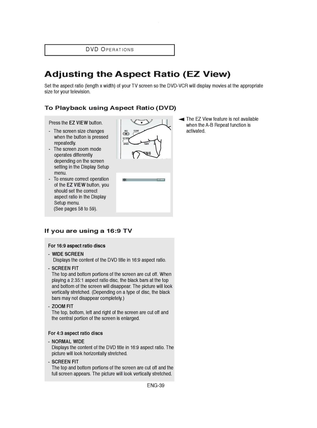 Samsung DVD-V8600 Adjusting the Aspect Ratio EZ View, To Playback using Aspect Ratio DVD, If you are using a 169 TV 