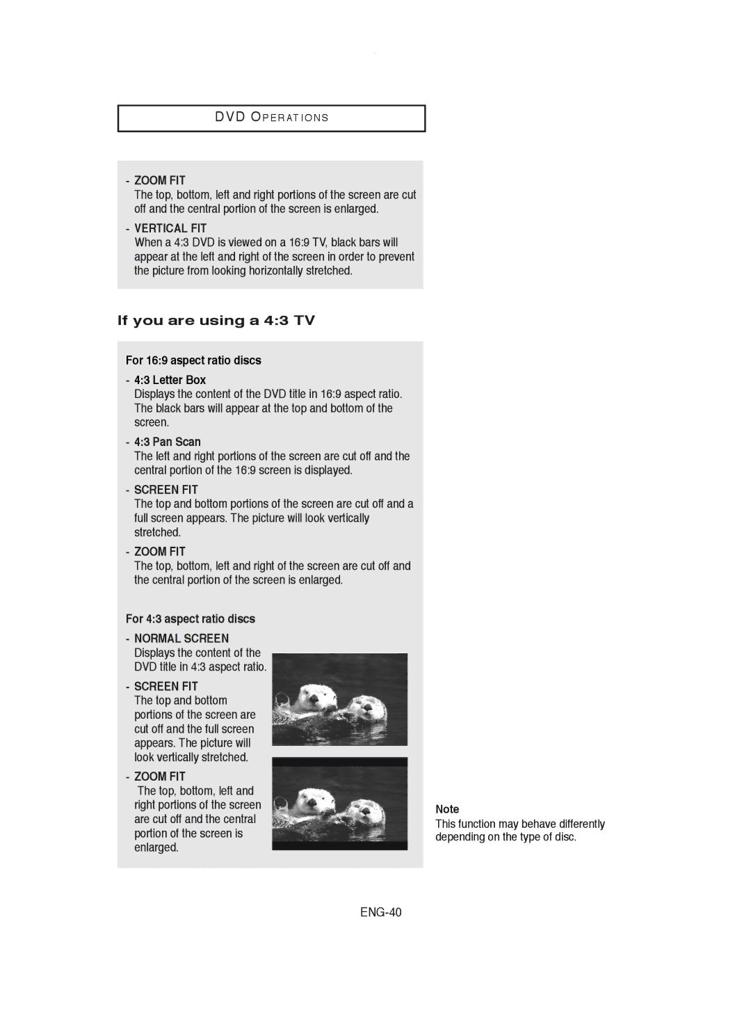 Samsung DVD-V8600 instruction manual If you are using a 43 TV, For 169 aspect ratio discs Letter Box, Pan Scan, ENG-40 