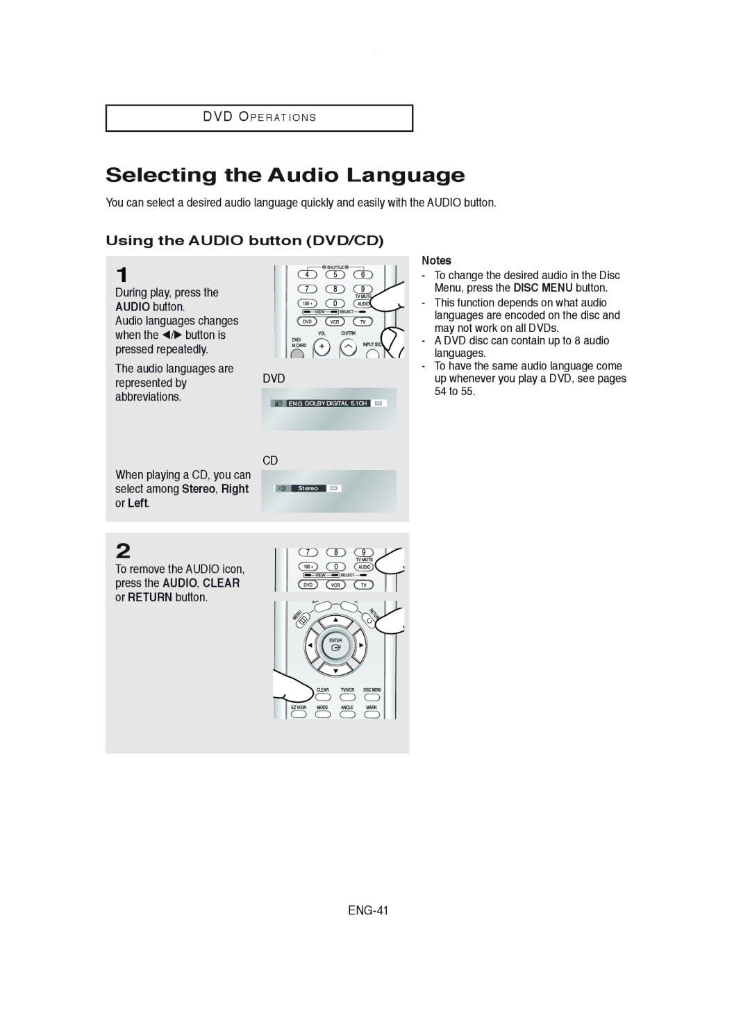 Samsung DVD-V8600 Selecting the Audio Language, Using the Audio button DVD/CD, During play, press the Audio button, ENG-41 