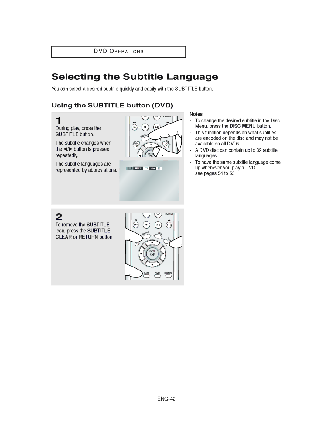 Samsung DVD-V8600 Selecting the Subtitle Language, Using the Subtitle button DVD, During play, press, ENG-42 