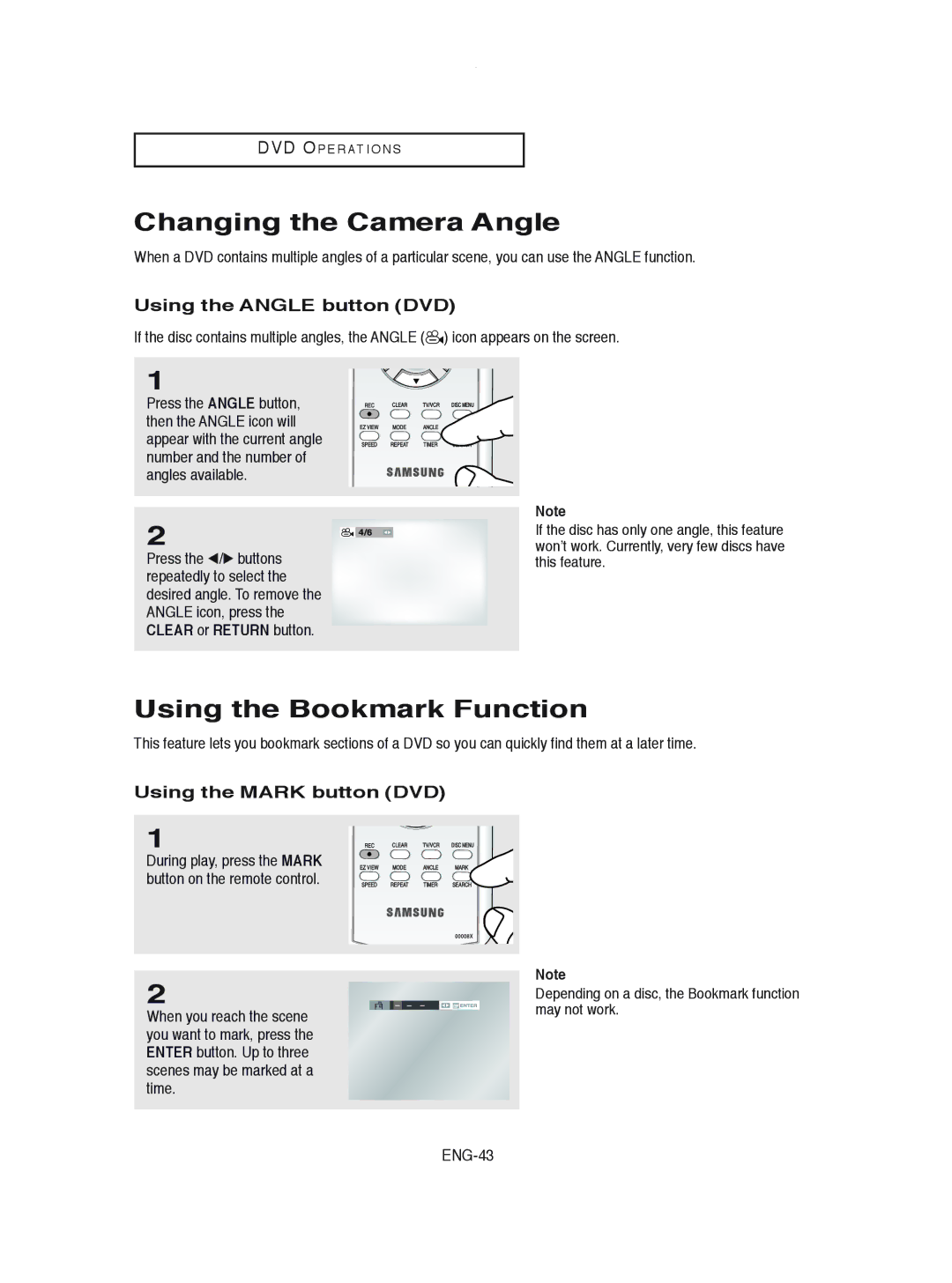 Samsung DVD-V8600 Changing the Camera Angle, Using the Bookmark Function, Using the Angle button DVD, ENG-43 