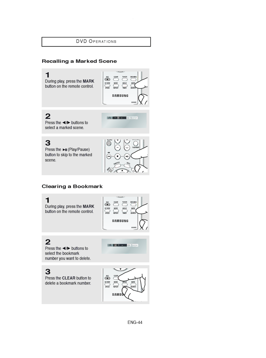 Samsung DVD-V8600 Recalling a Marked Scene, Clearing a Bookmark, Press the Play/Pause button to skip to the marked scene 