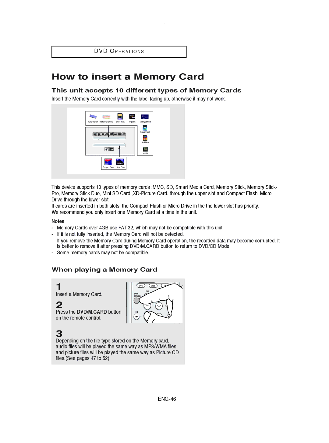 Samsung DVD-V8600 How to insert a Memory Card, This unit accepts 10 different types of Memory Cards, Insert a Memory Card 