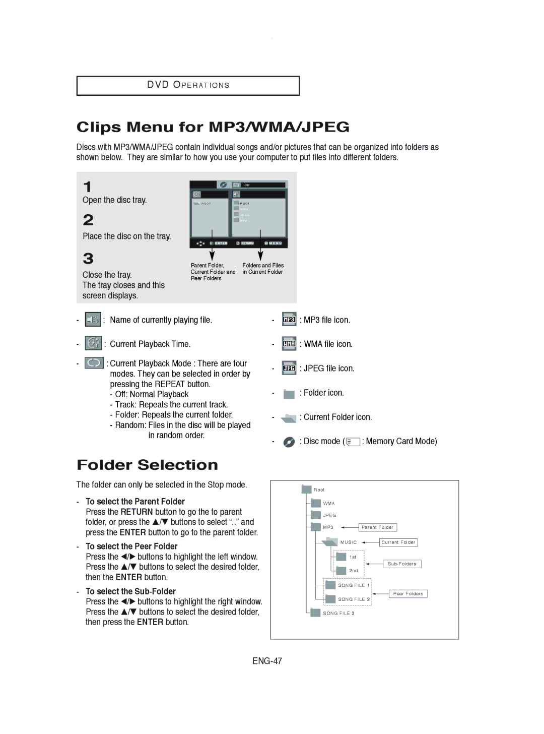 Samsung DVD-V8600 Clips Menu for MP3/WMA/JPEG, Folder Selection, To select the Parent Folder, To select the Peer Folder 