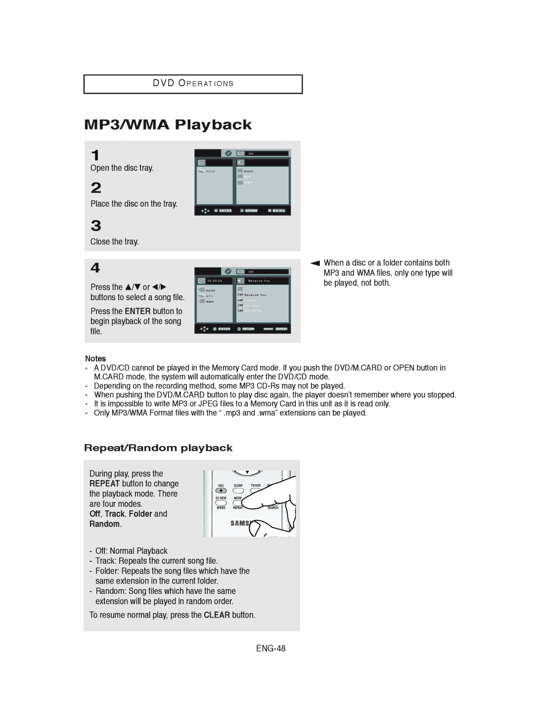 Samsung DVD-V8600 instruction manual MP3/WMA Playback, Repeat/Random playback, Off, Track, Folder Random 