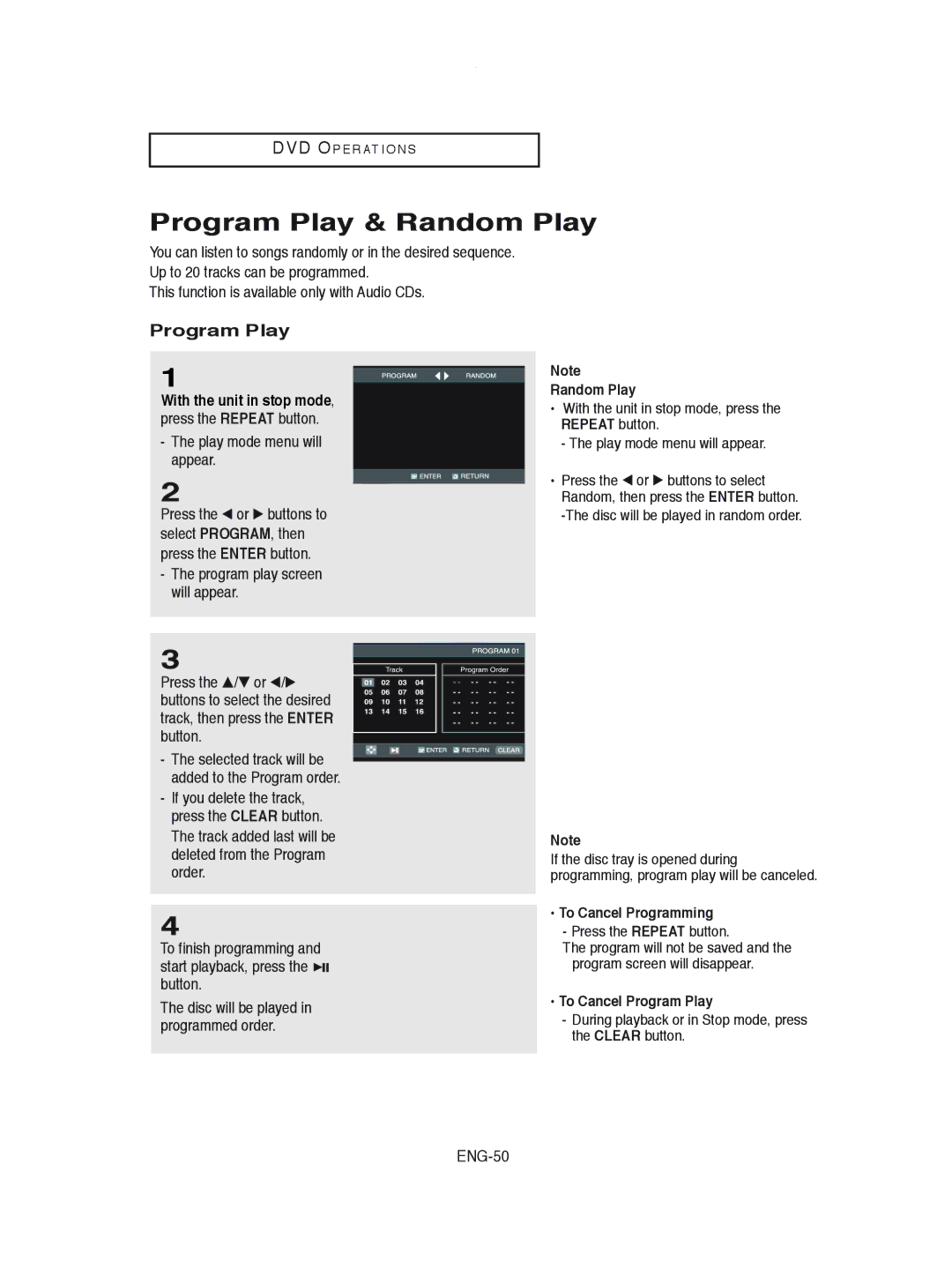 Samsung DVD-V8600 Program Play & Random Play, Play mode menu will appear, Program play screen will appear, ENG-50 