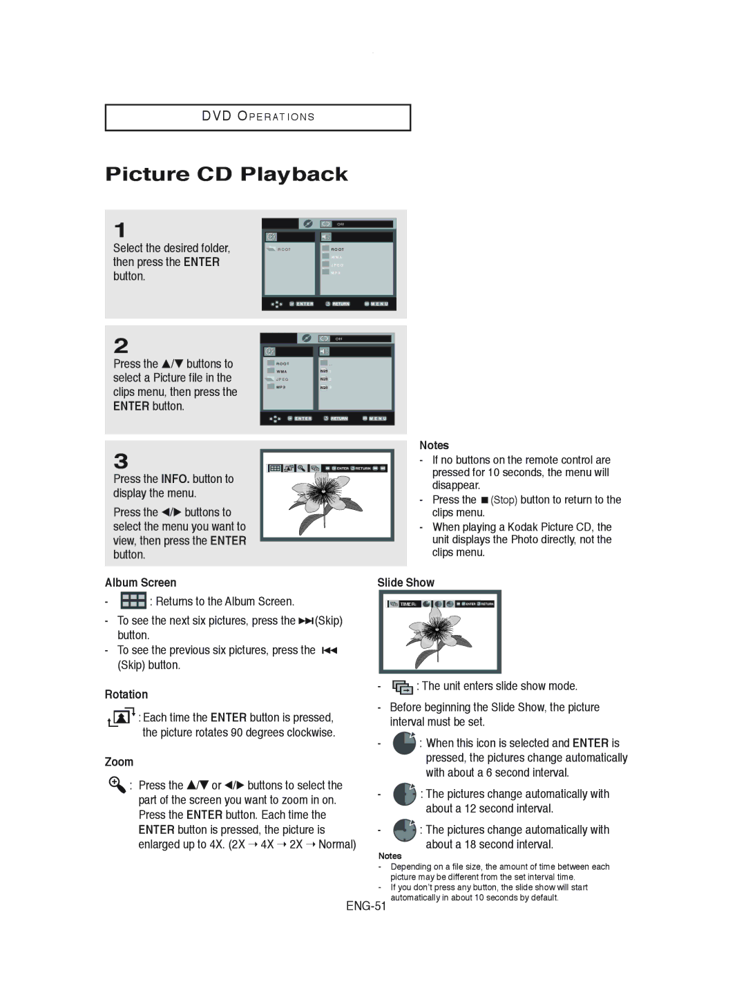 Samsung DVD-V8600 instruction manual Picture CD Playback, Album Screen, Rotation, Slide Show, Zoom 