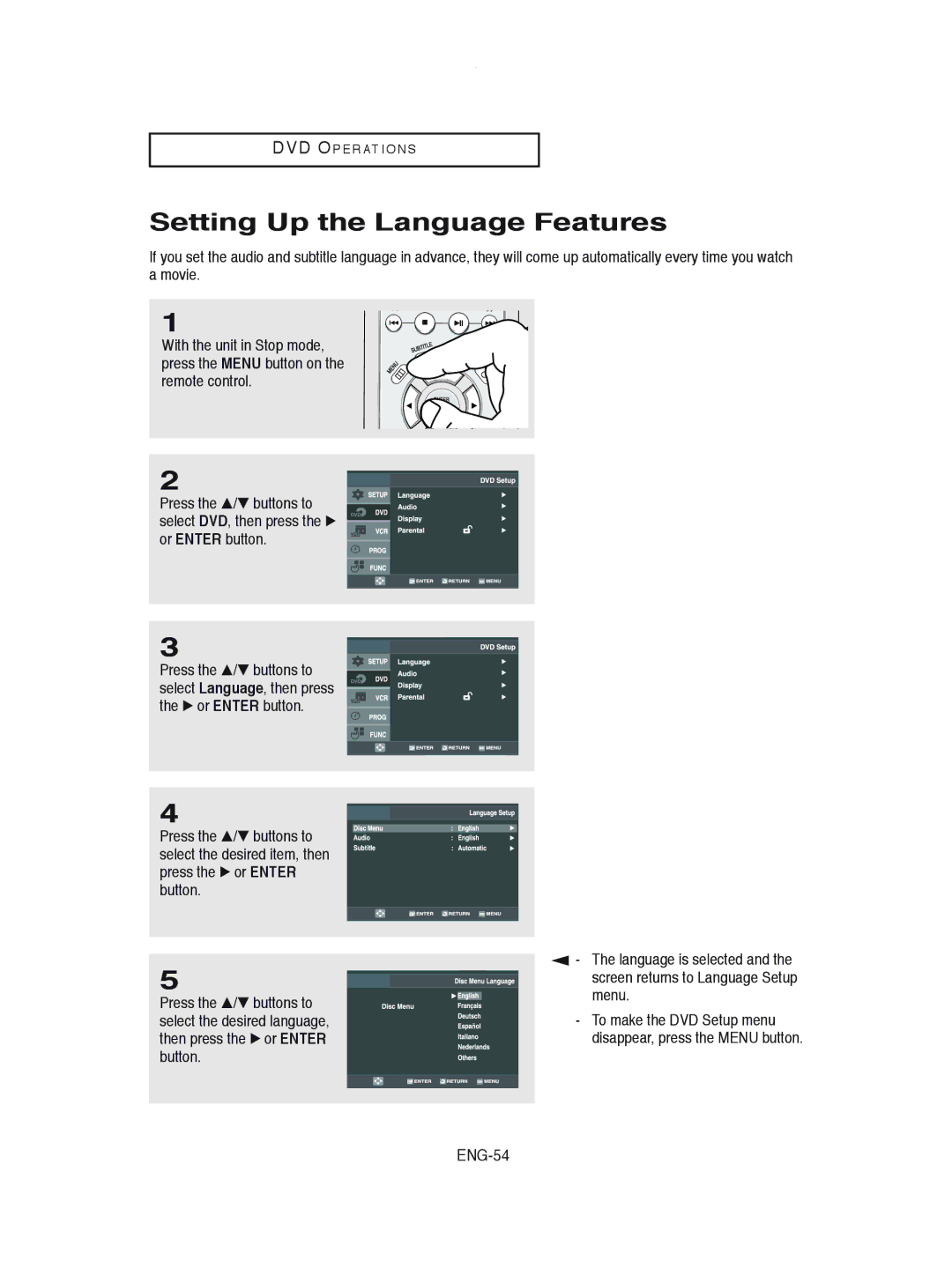 Samsung DVD-V8600 instruction manual Setting Up the Language Features, ENG-54 