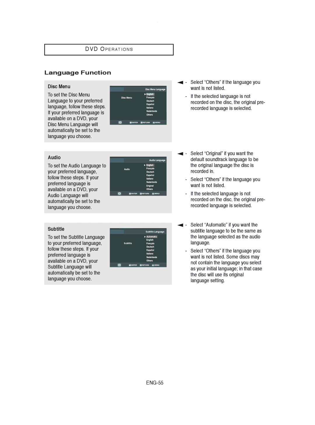 Samsung DVD-V8600 instruction manual Language Function, Disc Menu, Audio, Subtitle 