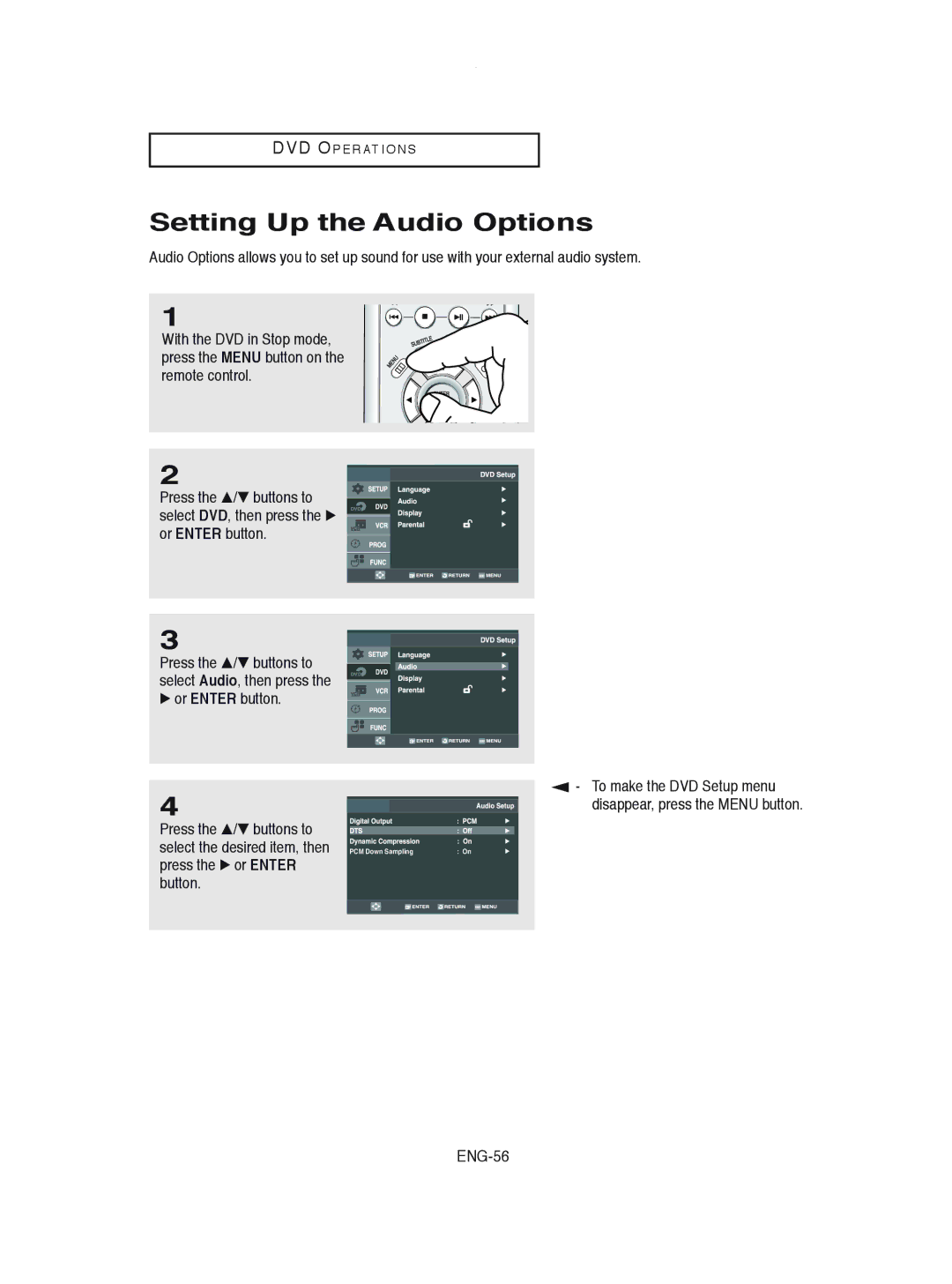 Samsung DVD-V8600 instruction manual Setting Up the Audio Options, ENG-56 