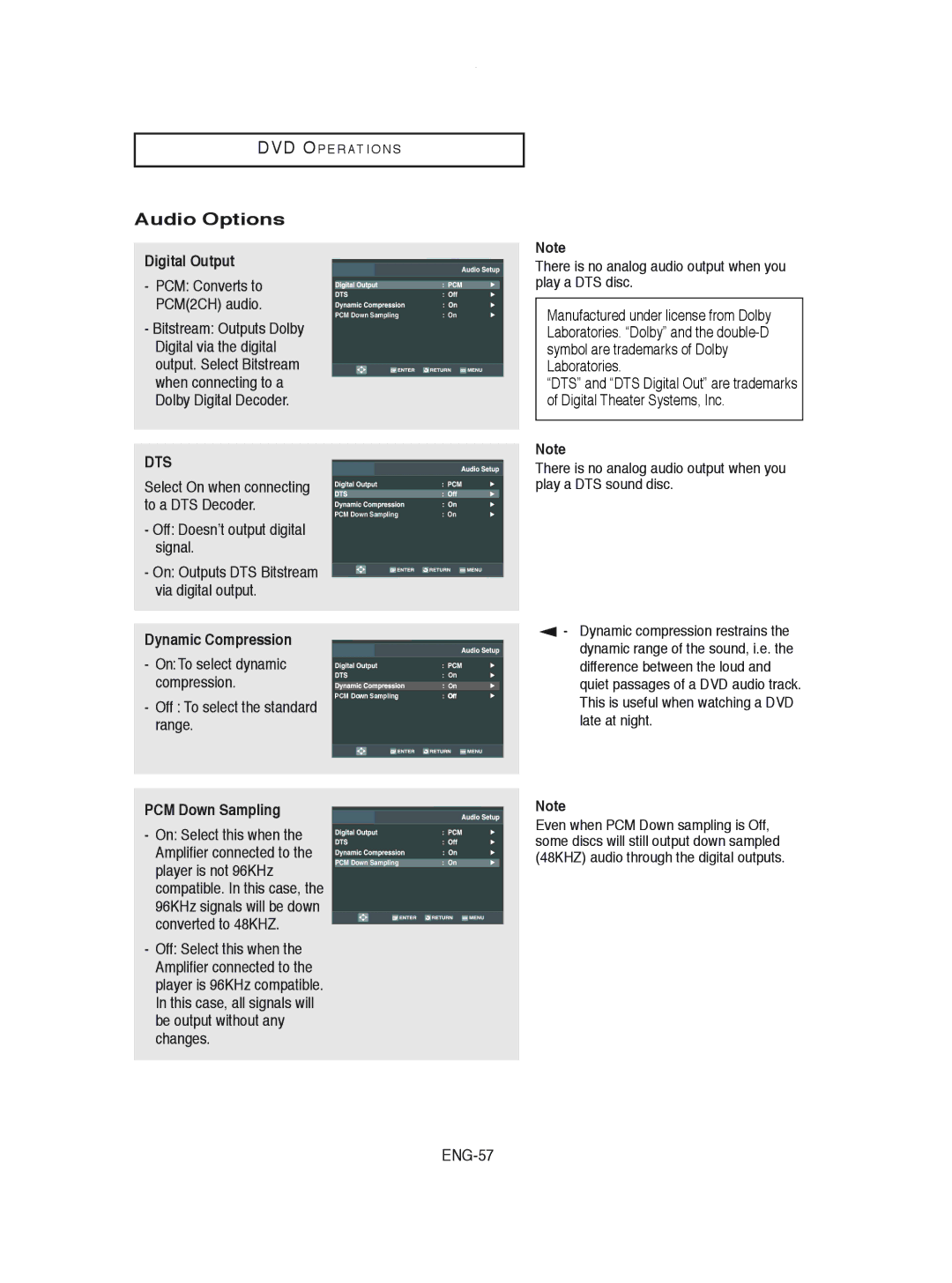 Samsung DVD-V8600 instruction manual Audio Options, Digital Output, PCM Down Sampling 