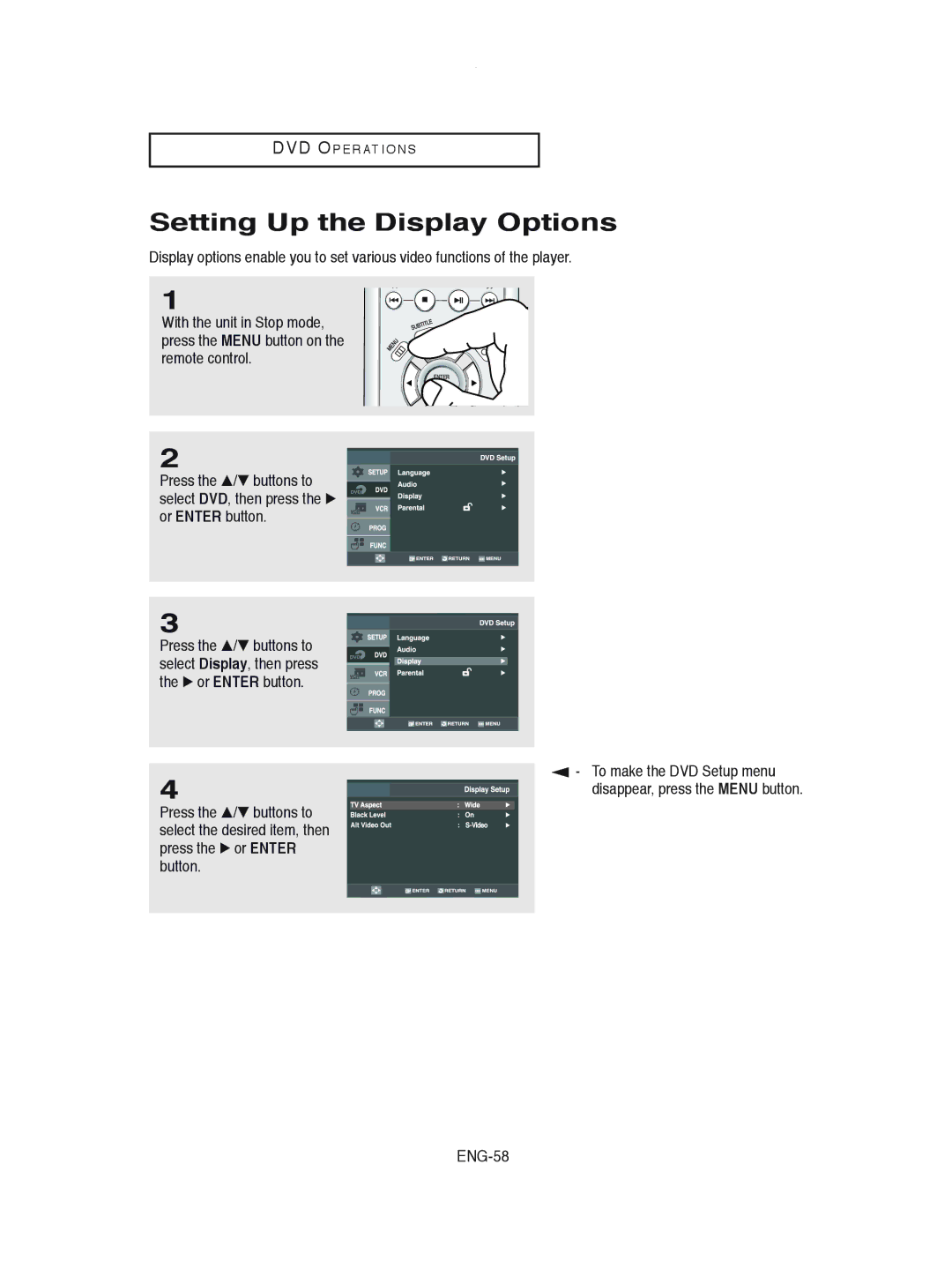 Samsung DVD-V8600 instruction manual Setting Up the Display Options, ENG-58 