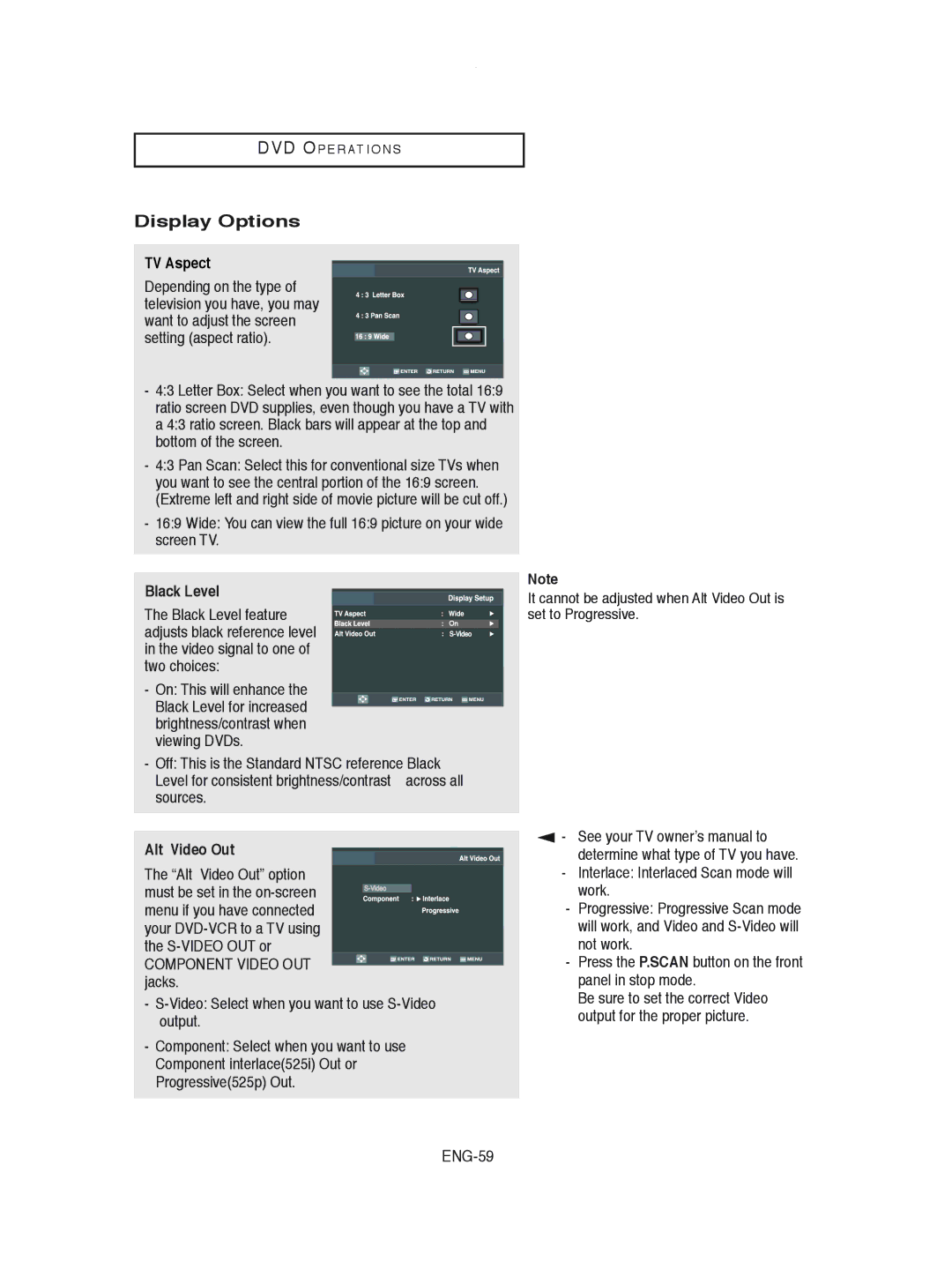 Samsung DVD-V8600 instruction manual Display Options, TV Aspect, Black Level, Alt Video Out 