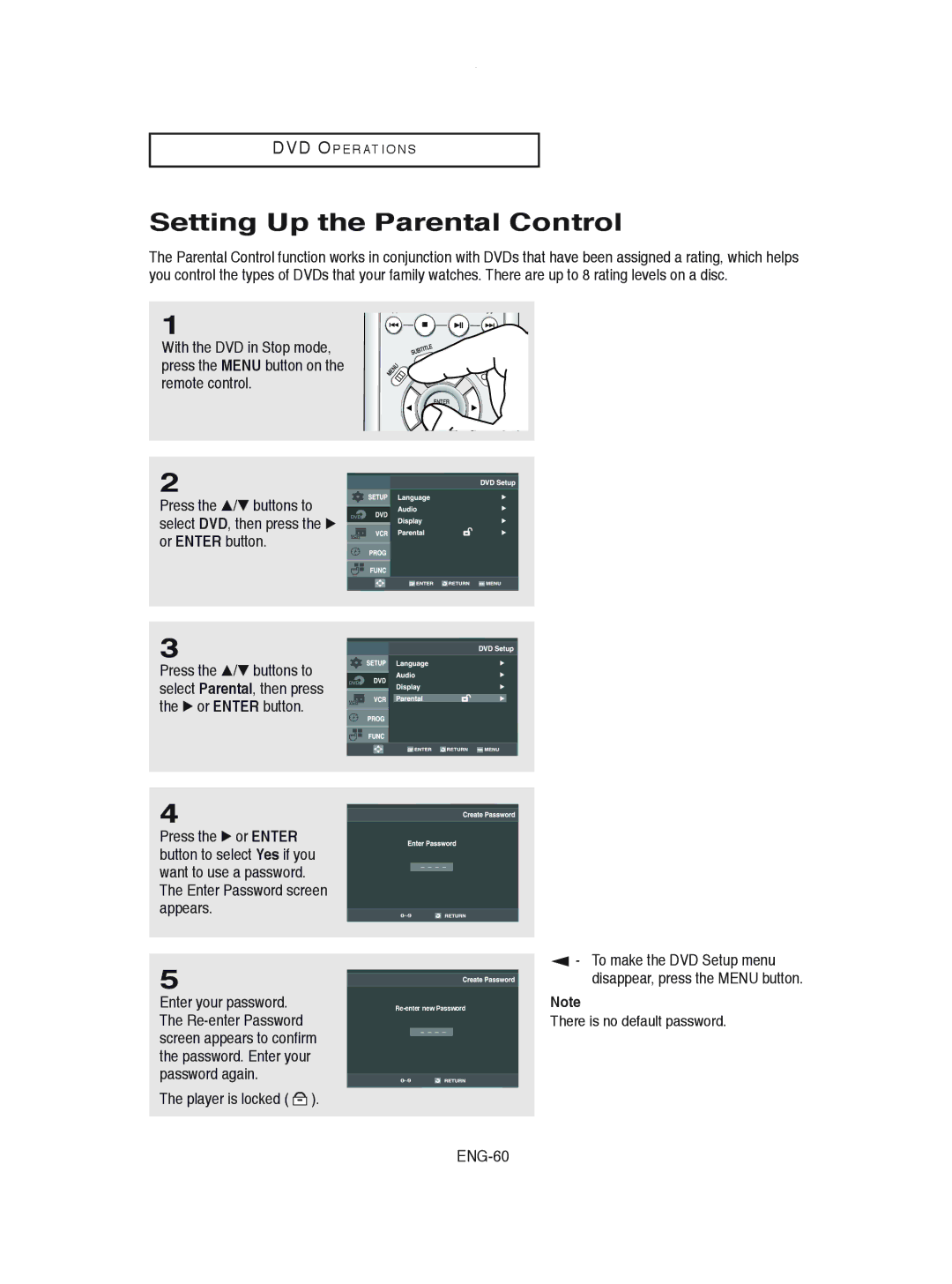 Samsung DVD-V8600 instruction manual Setting Up the Parental Control, Player is locked, ENG-60 