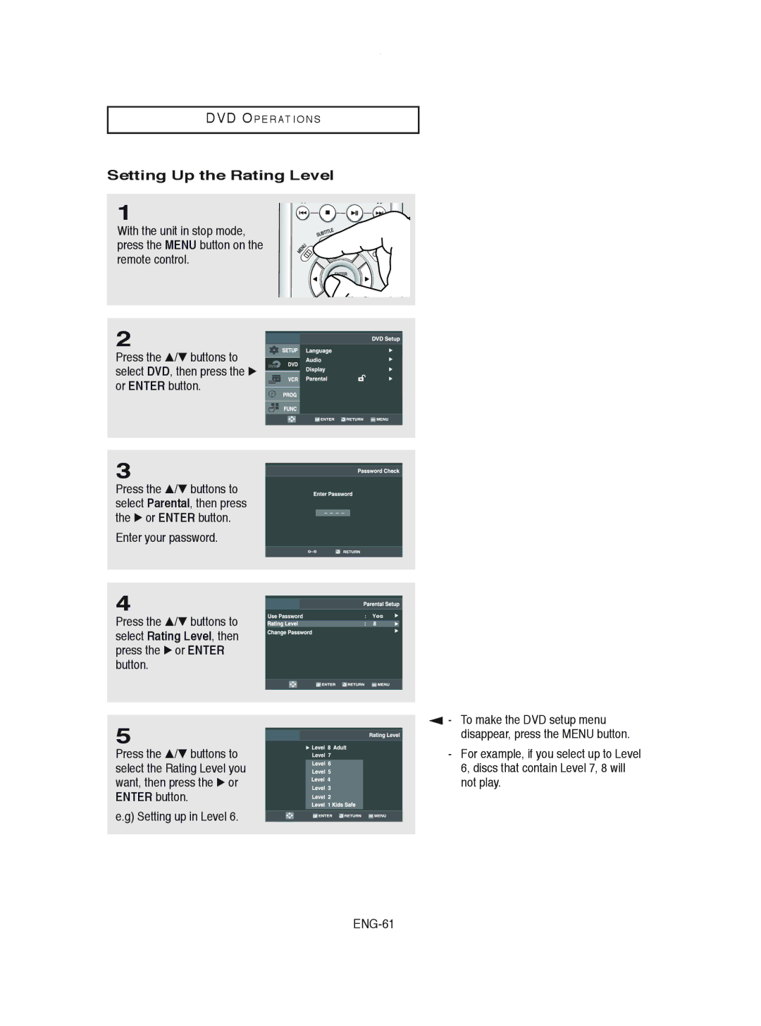 Samsung DVD-V8600 instruction manual Setting Up the Rating Level, To make the DVD setup menu, Not play, ENG-61 