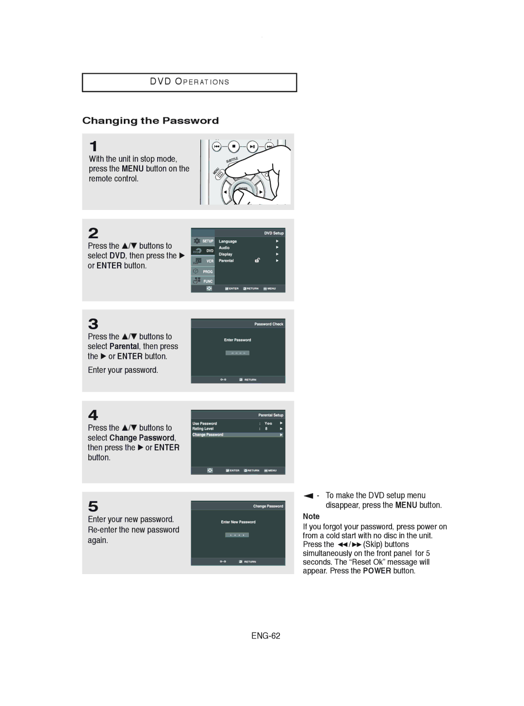 Samsung DVD-V8600 instruction manual Changing the Password, ENG-62 