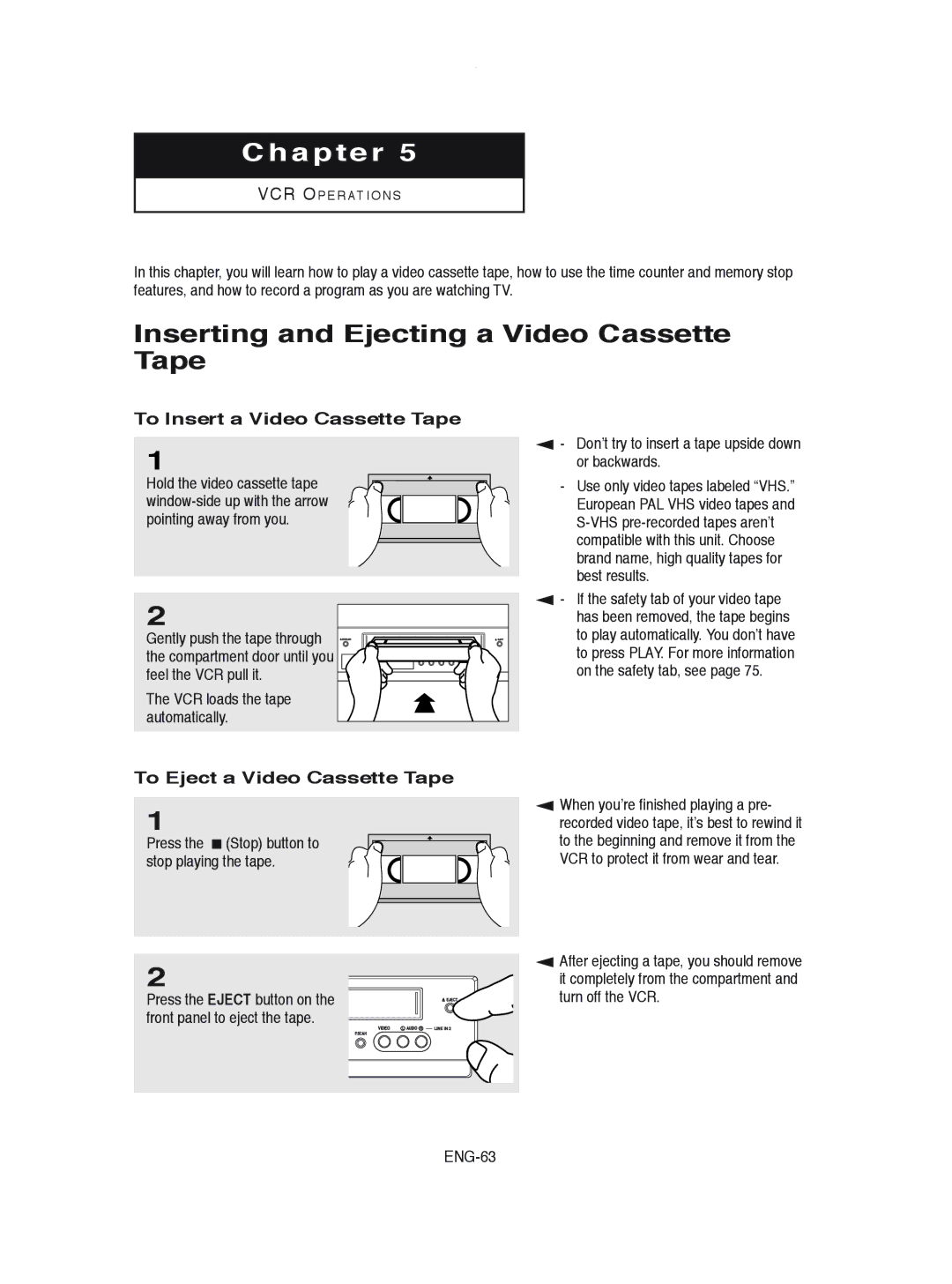 Samsung DVD-V8600 instruction manual Inserting and Ejecting a Video Cassette Tape, To Insert a Video Cassette Tape 