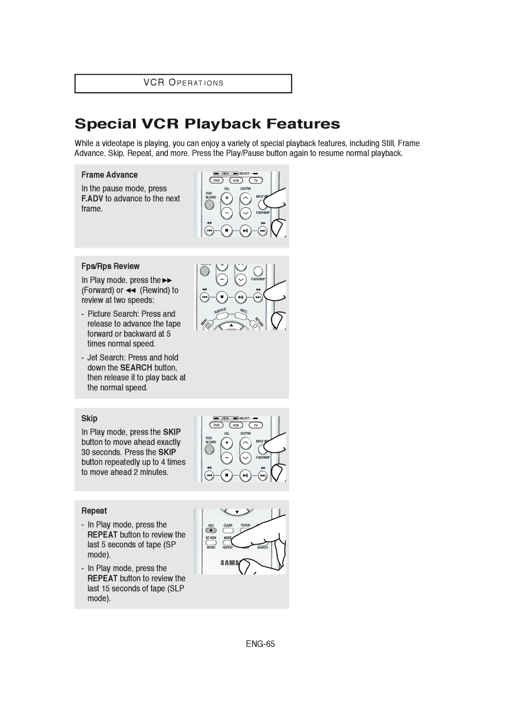 Samsung DVD-V8600 instruction manual Special VCR Playback Features, Frame Advance, Fps/Rps Review, Skip, Repeat 