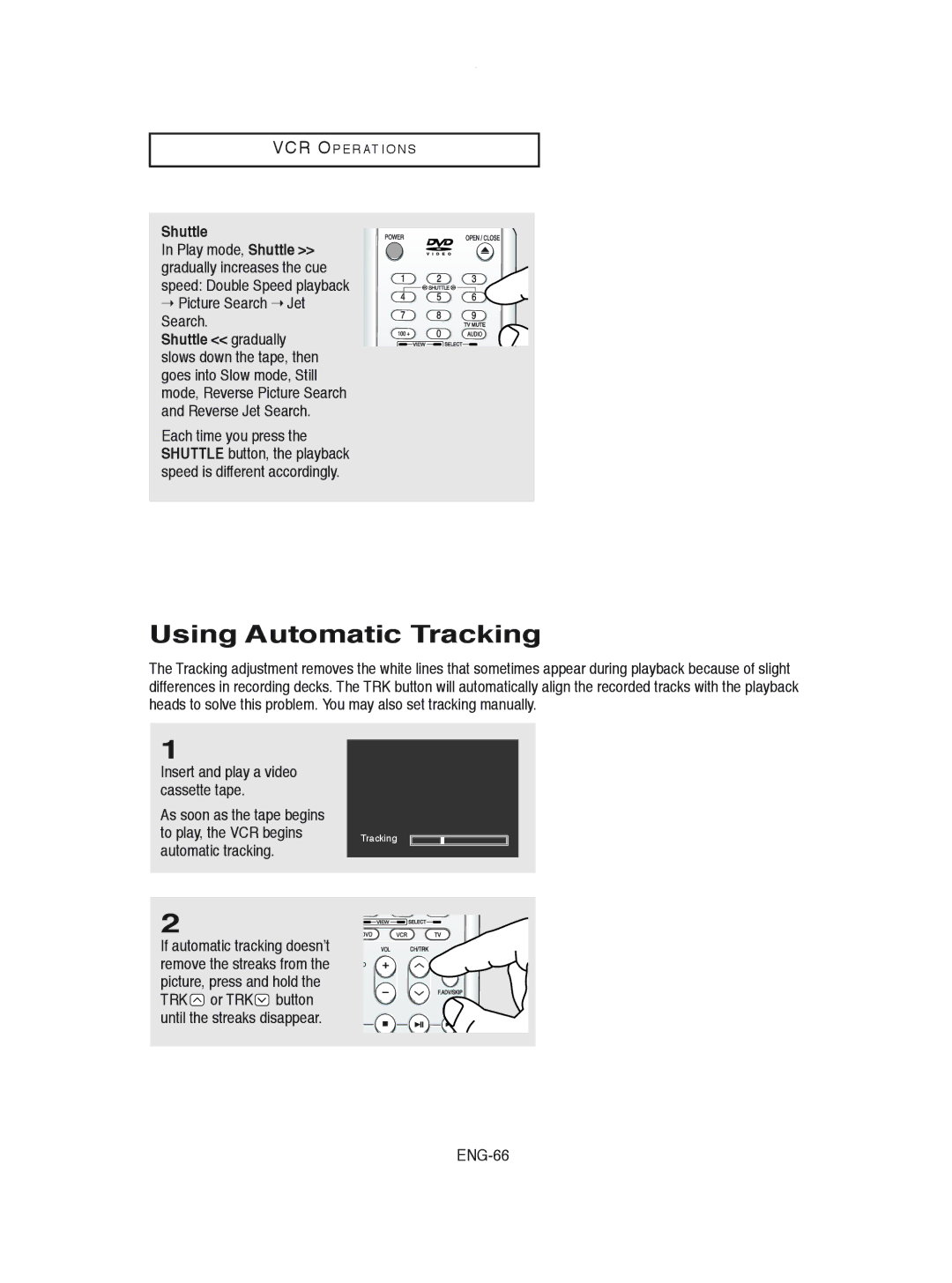 Samsung DVD-V8600 instruction manual Using Automatic Tracking, Shuttle, Insert and play a video cassette tape, ENG-66 