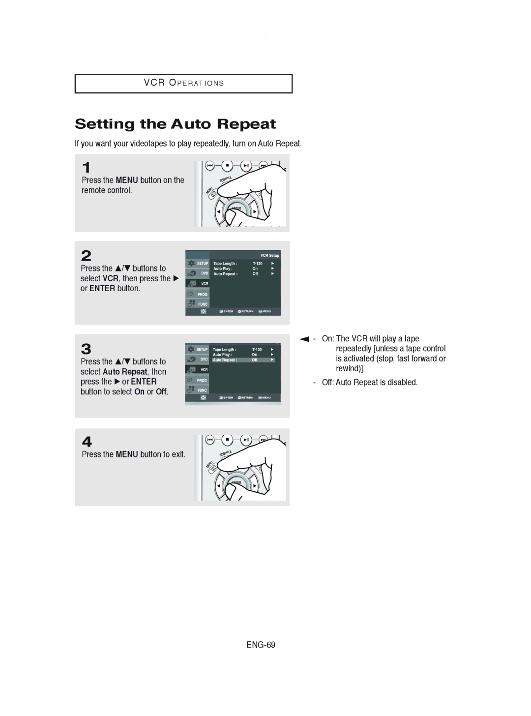 Samsung DVD-V8600 instruction manual Setting the Auto Repeat 