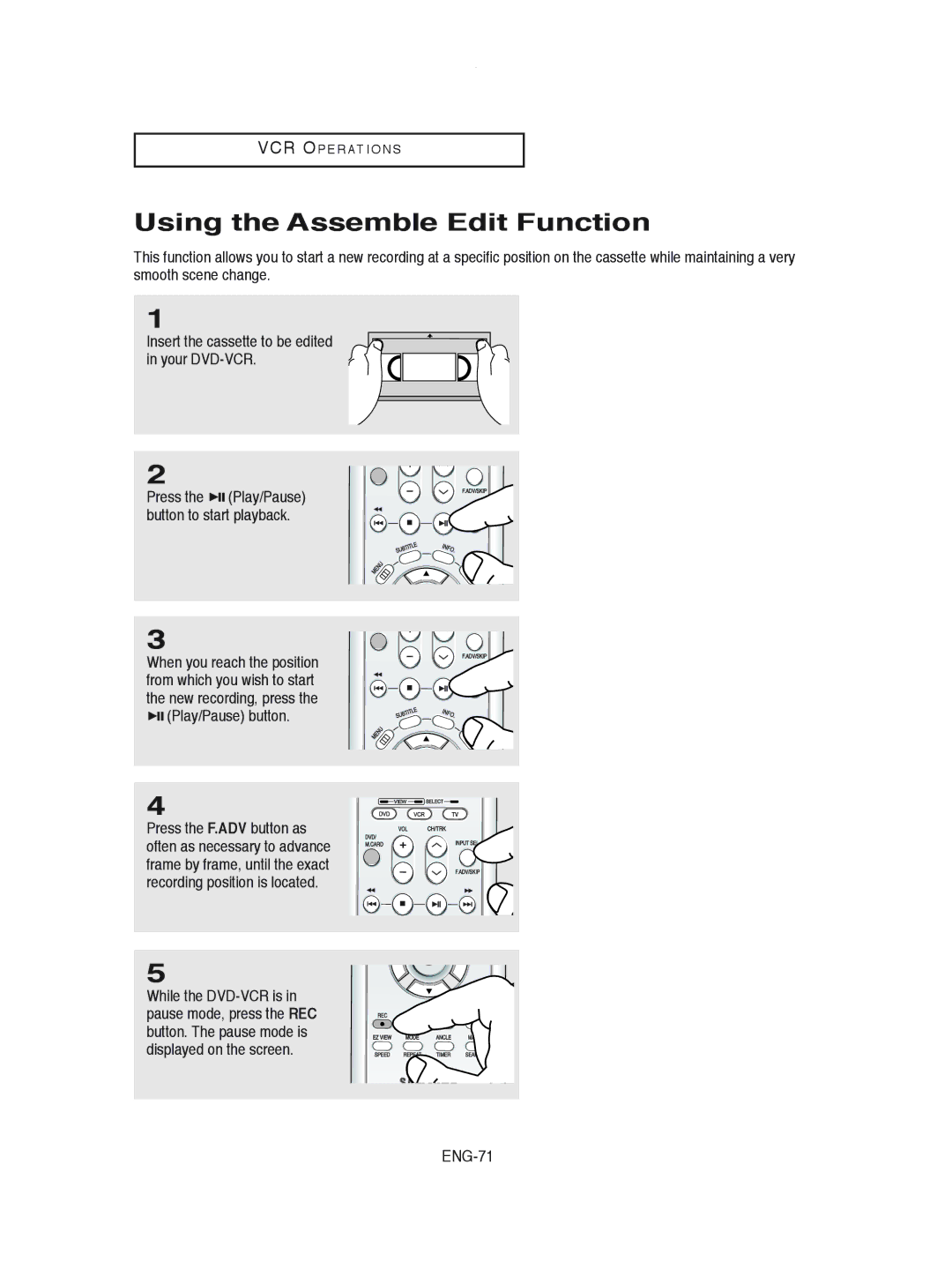 Samsung DVD-V8600 instruction manual Using the Assemble Edit Function, ENG-71 