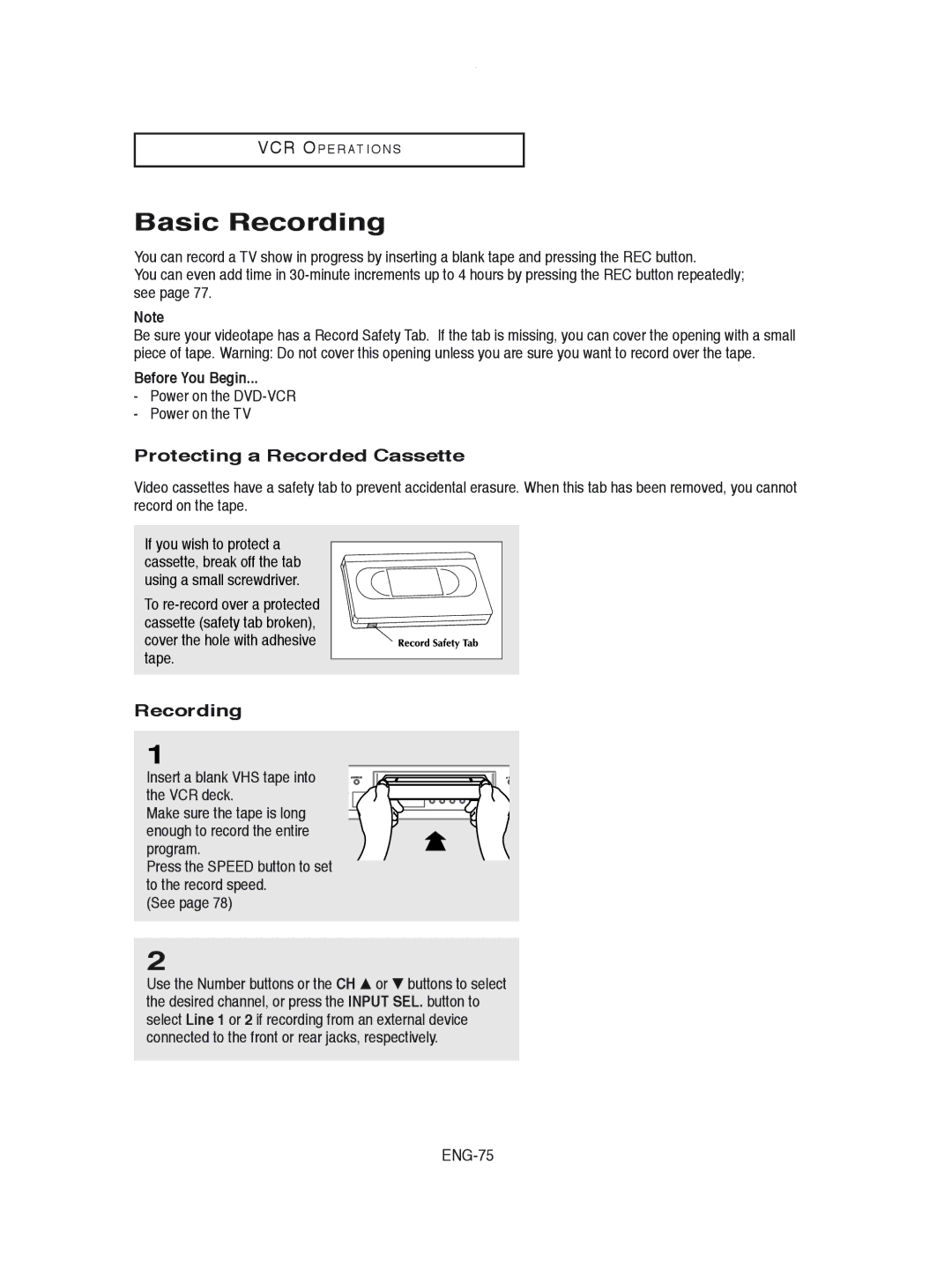 Samsung DVD-V8600 instruction manual Basic Recording, Protecting a Recorded Cassette, Before You Begin 