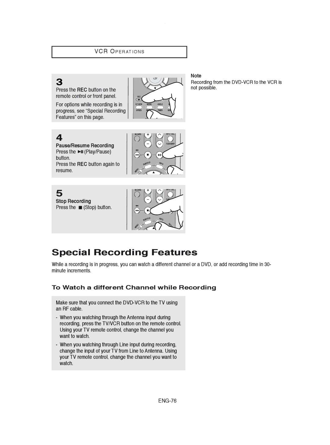 Samsung DVD-V8600 Special Recording Features, To Watch a different Channel while Recording, Stop Recording 