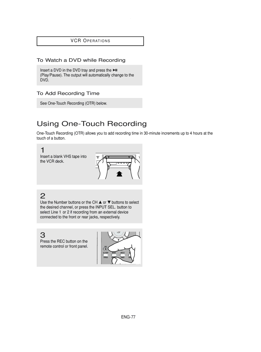 Samsung DVD-V8600 Using One-Touch Recording, To Watch a DVD while Recording, To Add Recording Time, ENG-77 