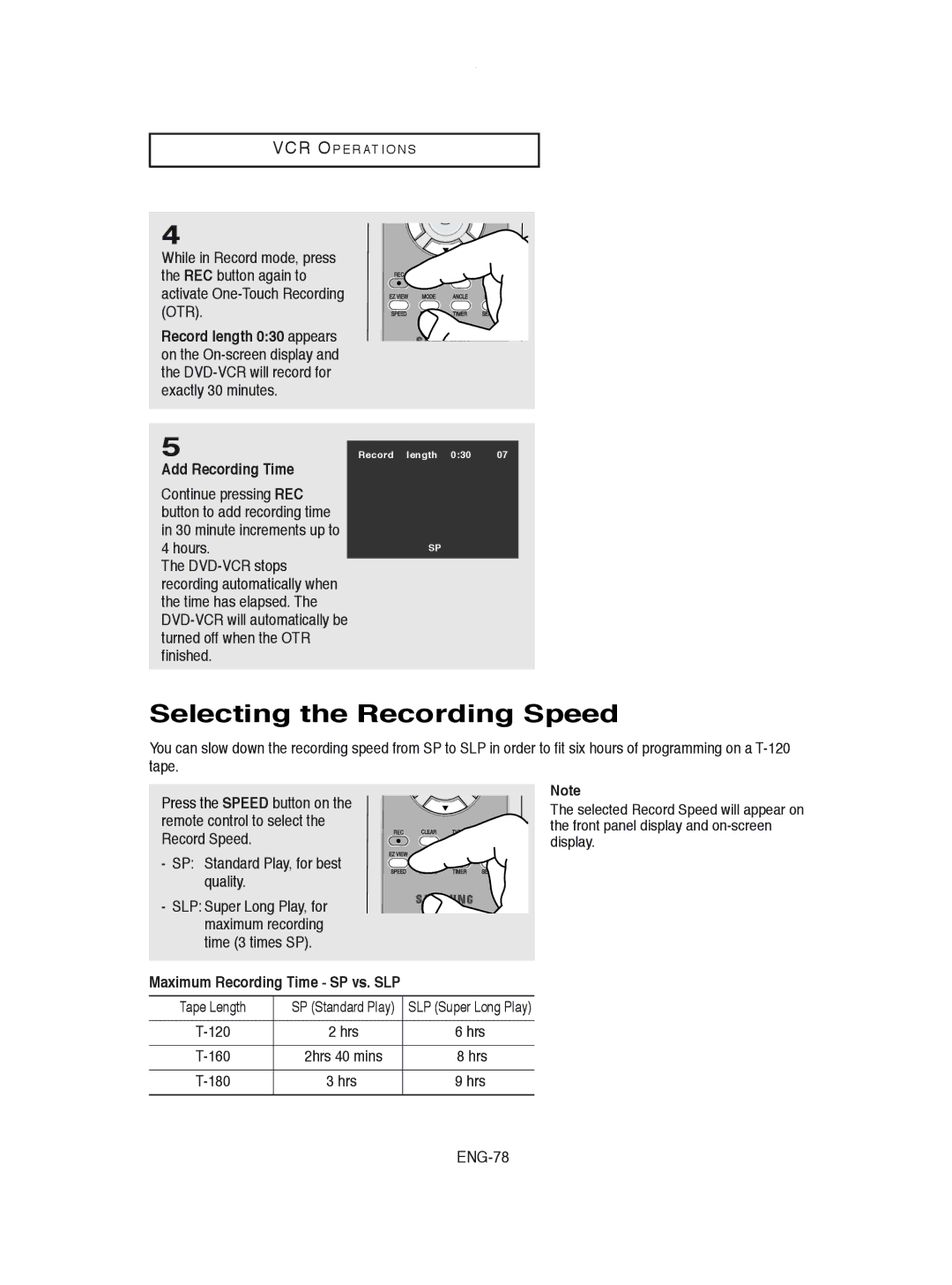 Samsung DVD-V8600 instruction manual Selecting the Recording Speed, Add Recording Time, Maximum Recording Time SP vs. SLP 