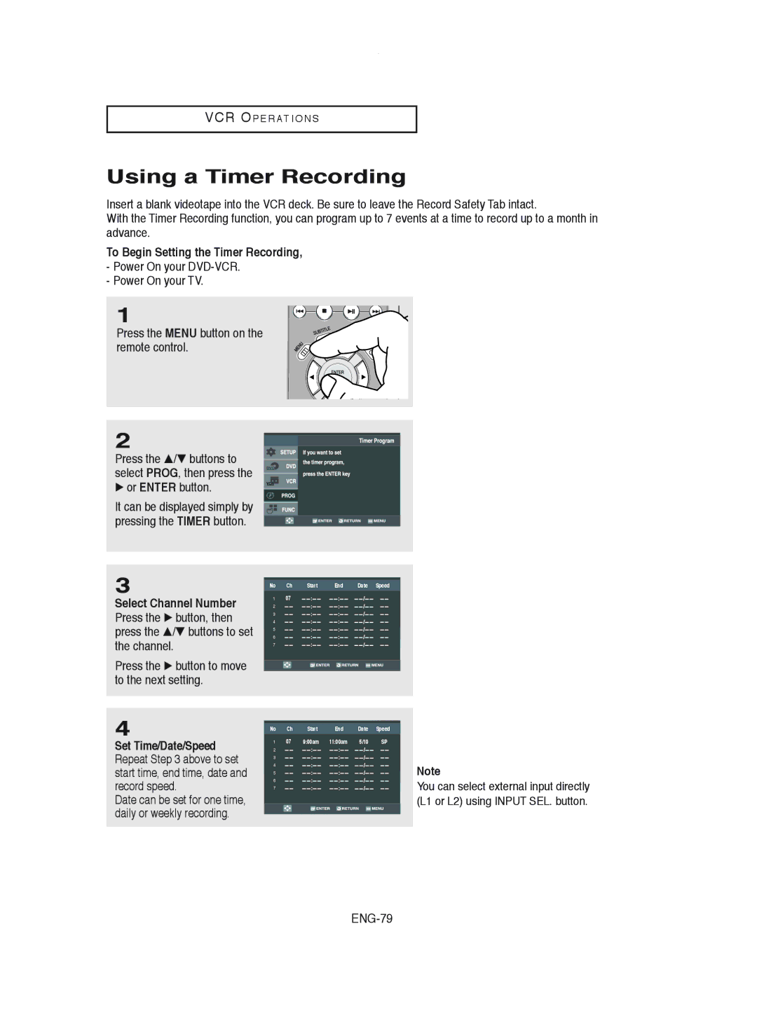 Samsung DVD-V8600 Using a Timer Recording, To Begin Setting the Timer Recording, Select Channel Number, ENG-79 