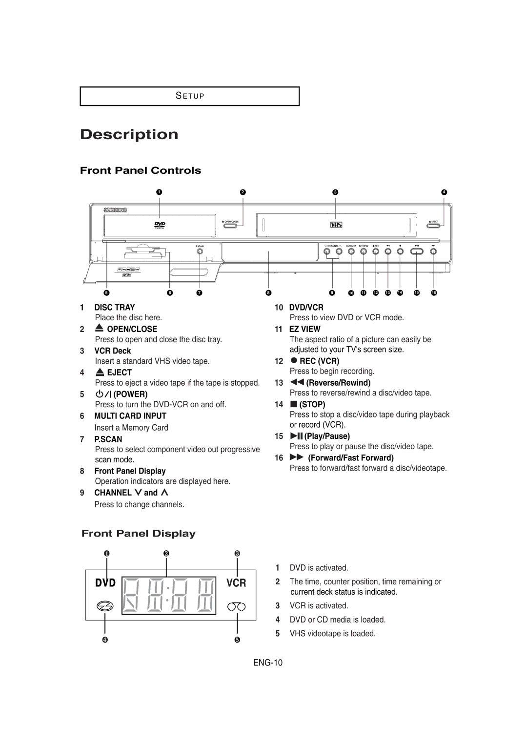 Samsung DVD-V8650 instruction manual Description, Front Panel Controls, Front Panel Display, ENG-10 