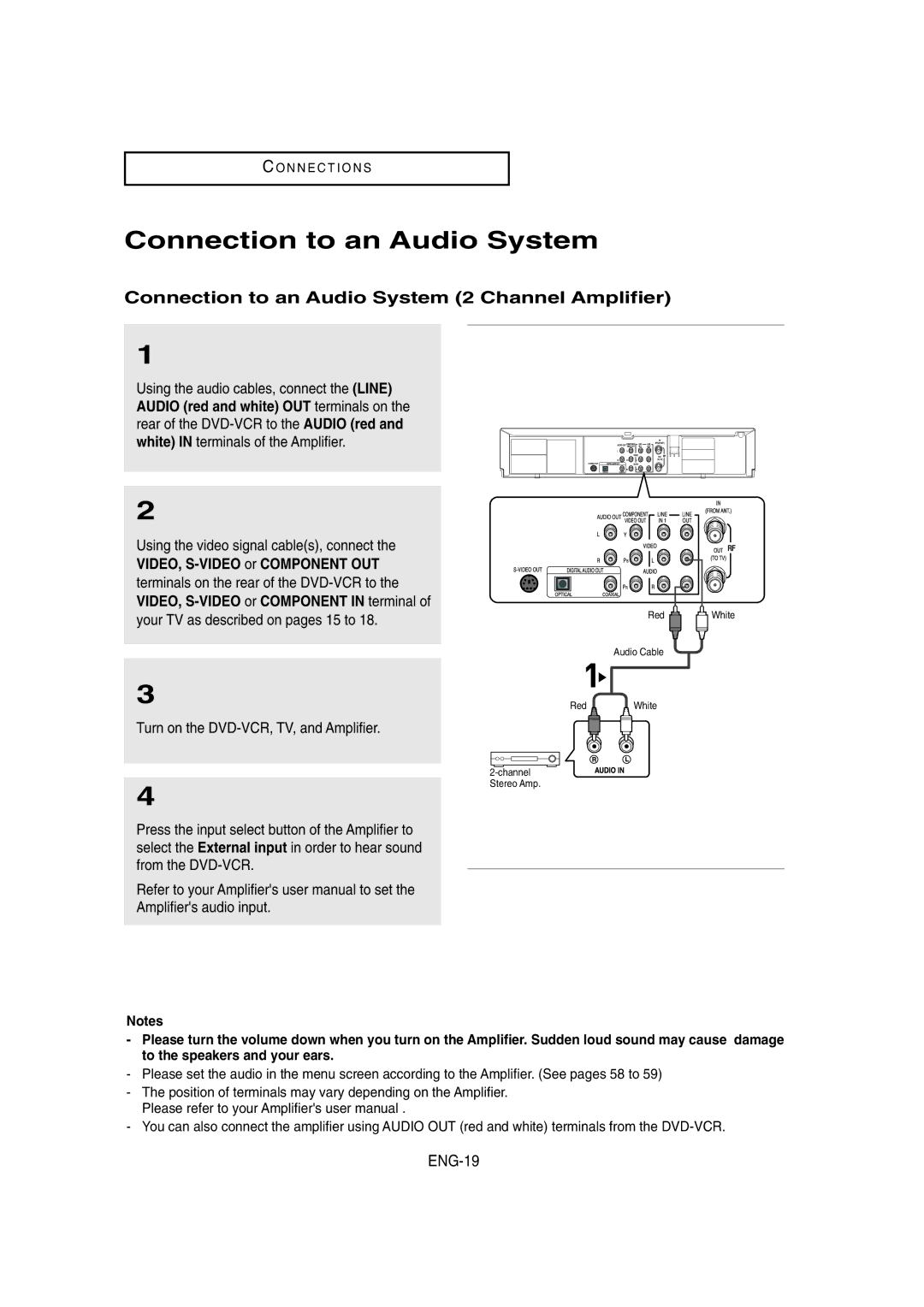 Samsung DVD-V8650 Connection to an Audio System 2 Channel Amplifier, ENG-19, Using the video signal cables, connect 