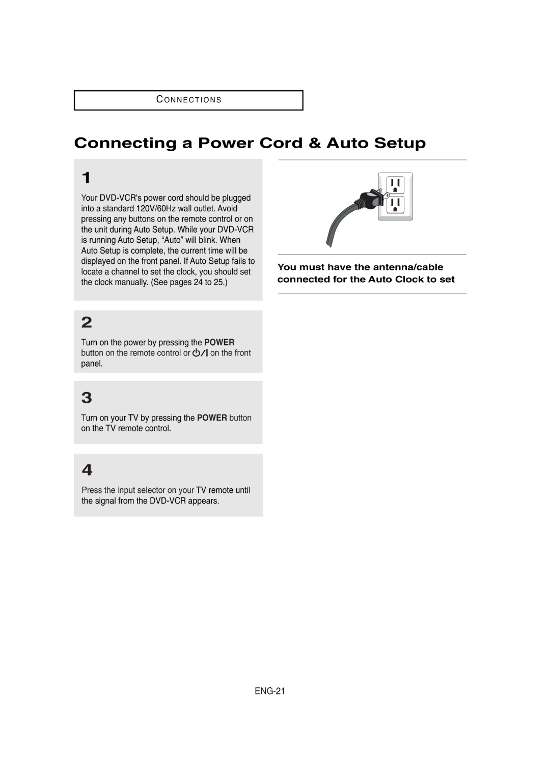 Samsung DVD-V8650 instruction manual Connecting a Power Cord & Auto Setup, ENG-21 