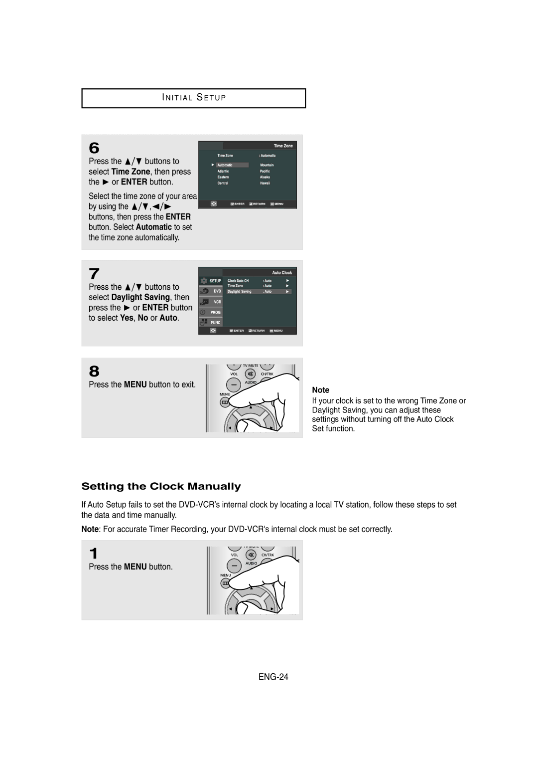 Samsung DVD-V8650 instruction manual Setting the Clock Manually, ENG-24, Select the time zone of your area 