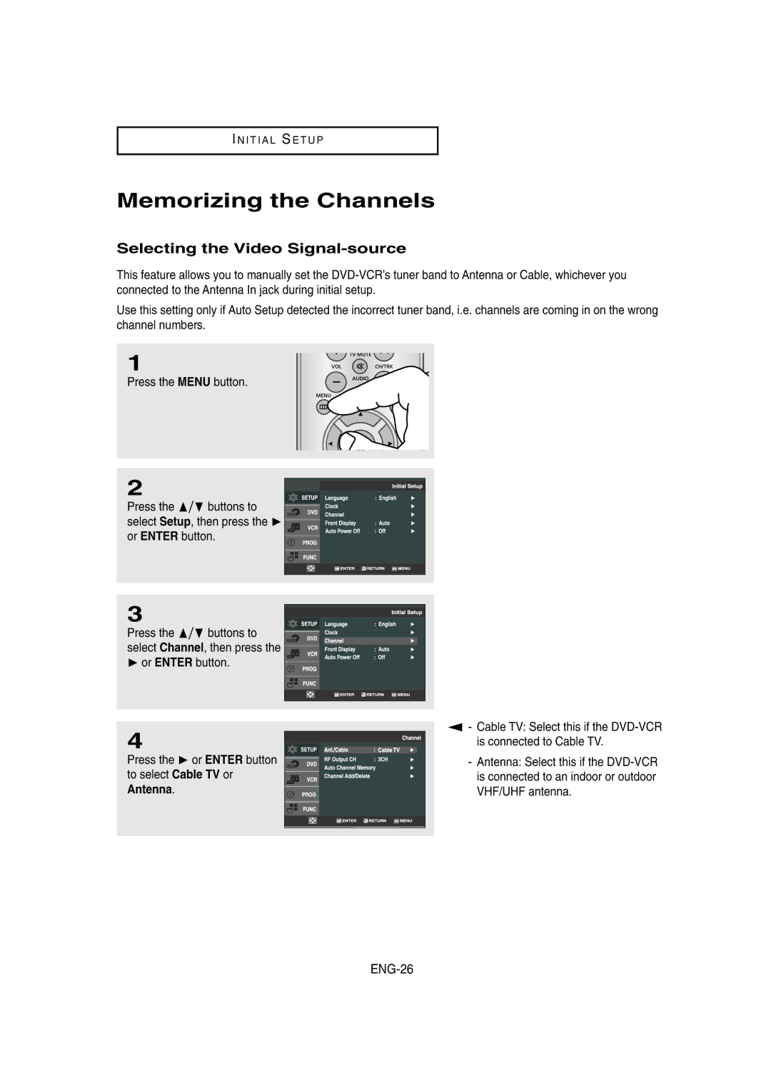 Samsung DVD-V8650 instruction manual Memorizing the Channels, Selecting the Video Signal-source, ENG-26 