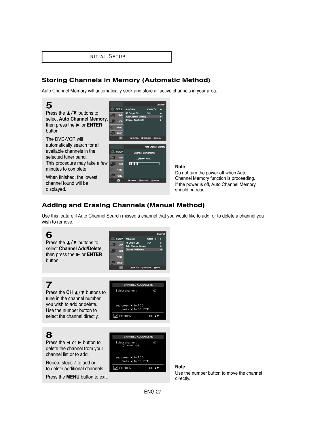 Samsung DVD-V8650 Storing Channels in Memory Automatic Method, Adding and Erasing Channels Manual Method, ENG-27 