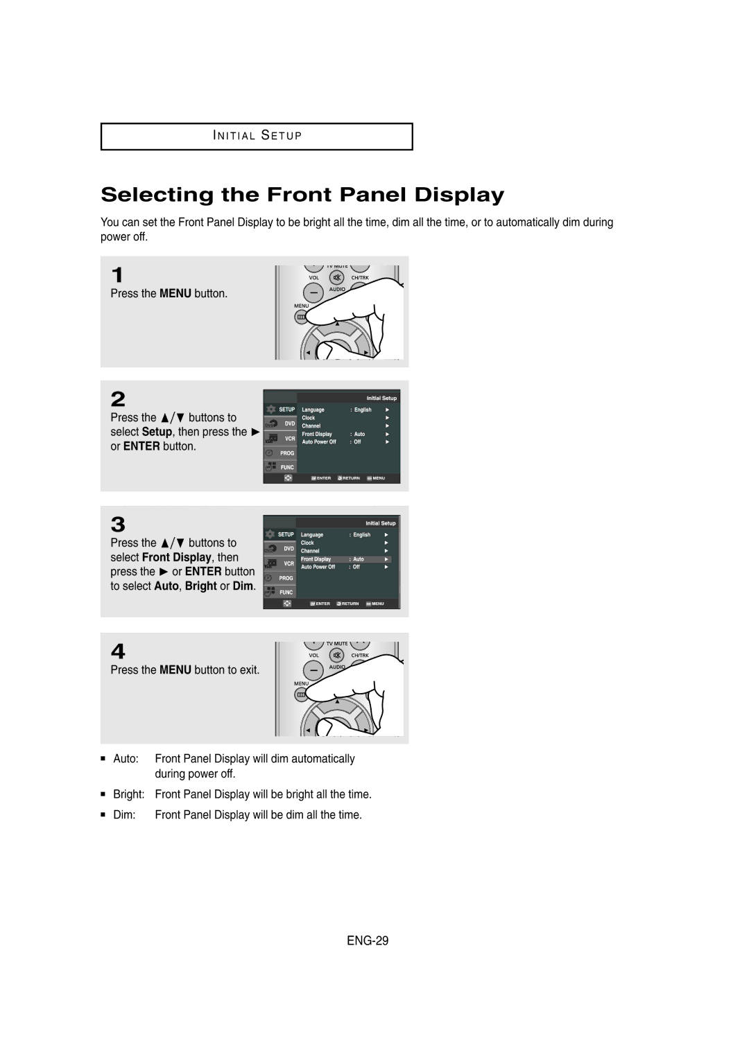 Samsung DVD-V8650 instruction manual Selecting the Front Panel Display, ENG-29 