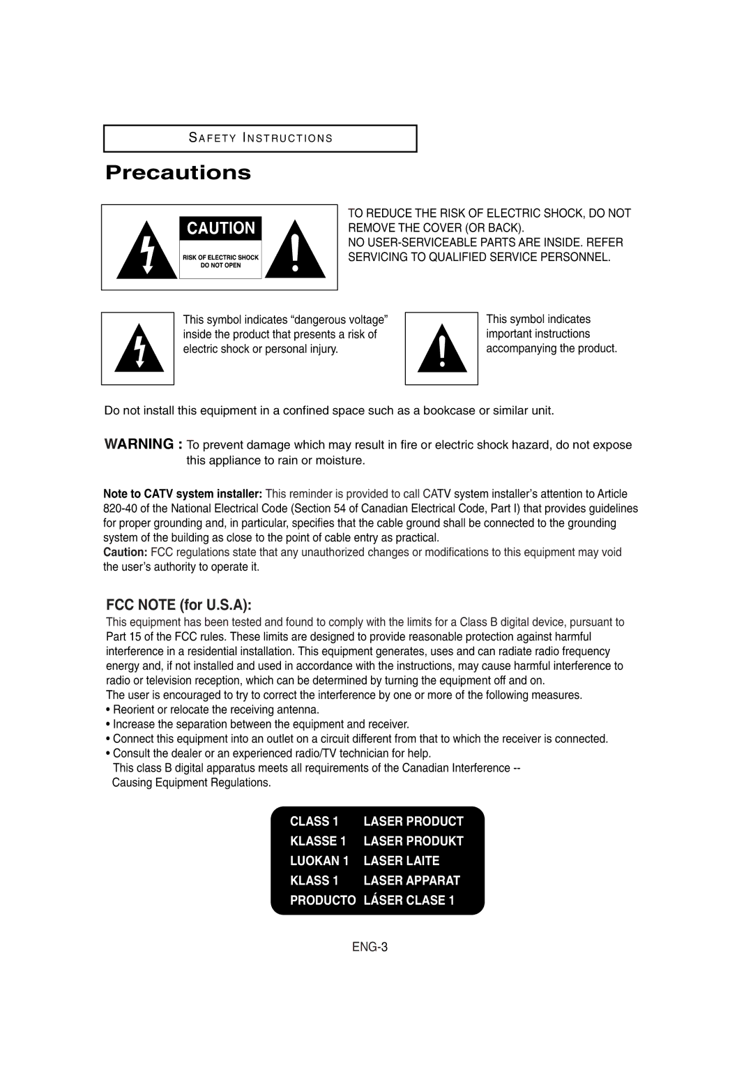 Samsung DVD-V8650 instruction manual Precautions, FCC Note for U.S.A 