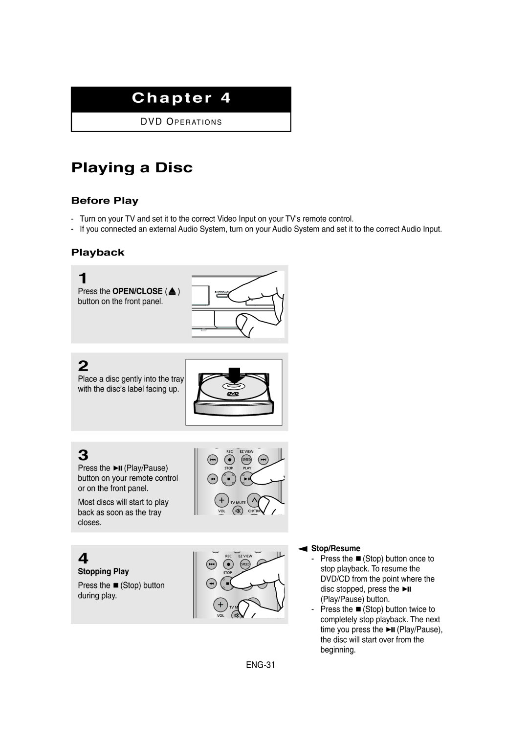 Samsung DVD-V8650 instruction manual Playing a Disc, Before Play, Playback, ENG-31 